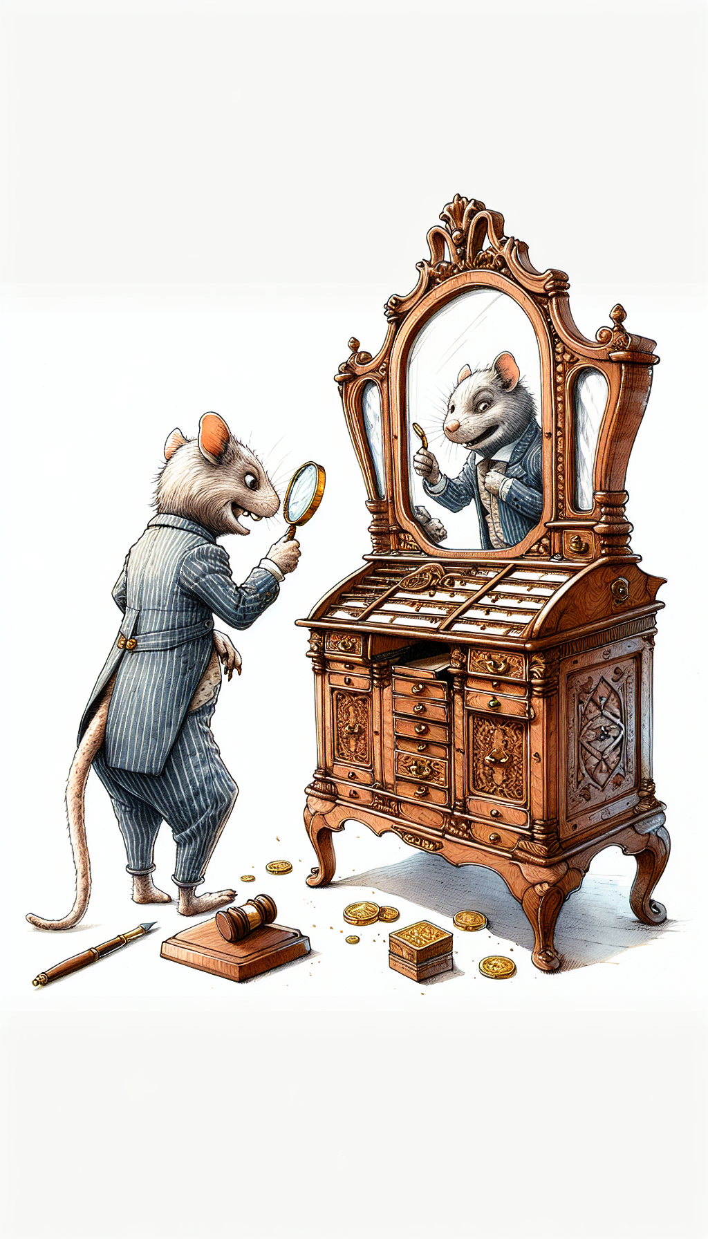 An elegant anthropomorphic drop front secretary desk, with a magnifying glass in one handle, playfully gazes at its reflection winking back from an ornate antique mirror, showcasing intricate wood patterns and hidden compartments. Beside it, golden coins and a gavel hint at its high auction value. The art is a whimsy fusion of watercolor textures and crisp ink lines.