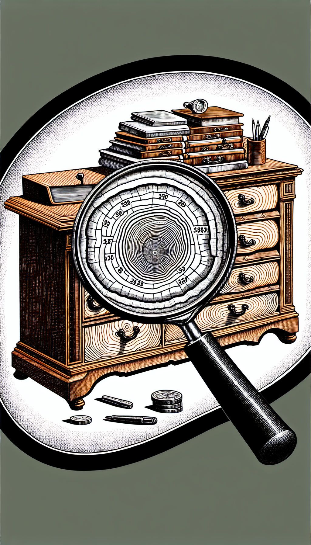 An illustration depicts a magnifying glass over an intricate drop-front secretary desk, with rings of time like a tree's growth rings within the magnified area, progressively revealing older styles from Renaissance, Victorian, to Art Nouveau. Each ring is subtly inscribed with a monetary value, showcasing the rising value of the desk as it traces back to its origins.