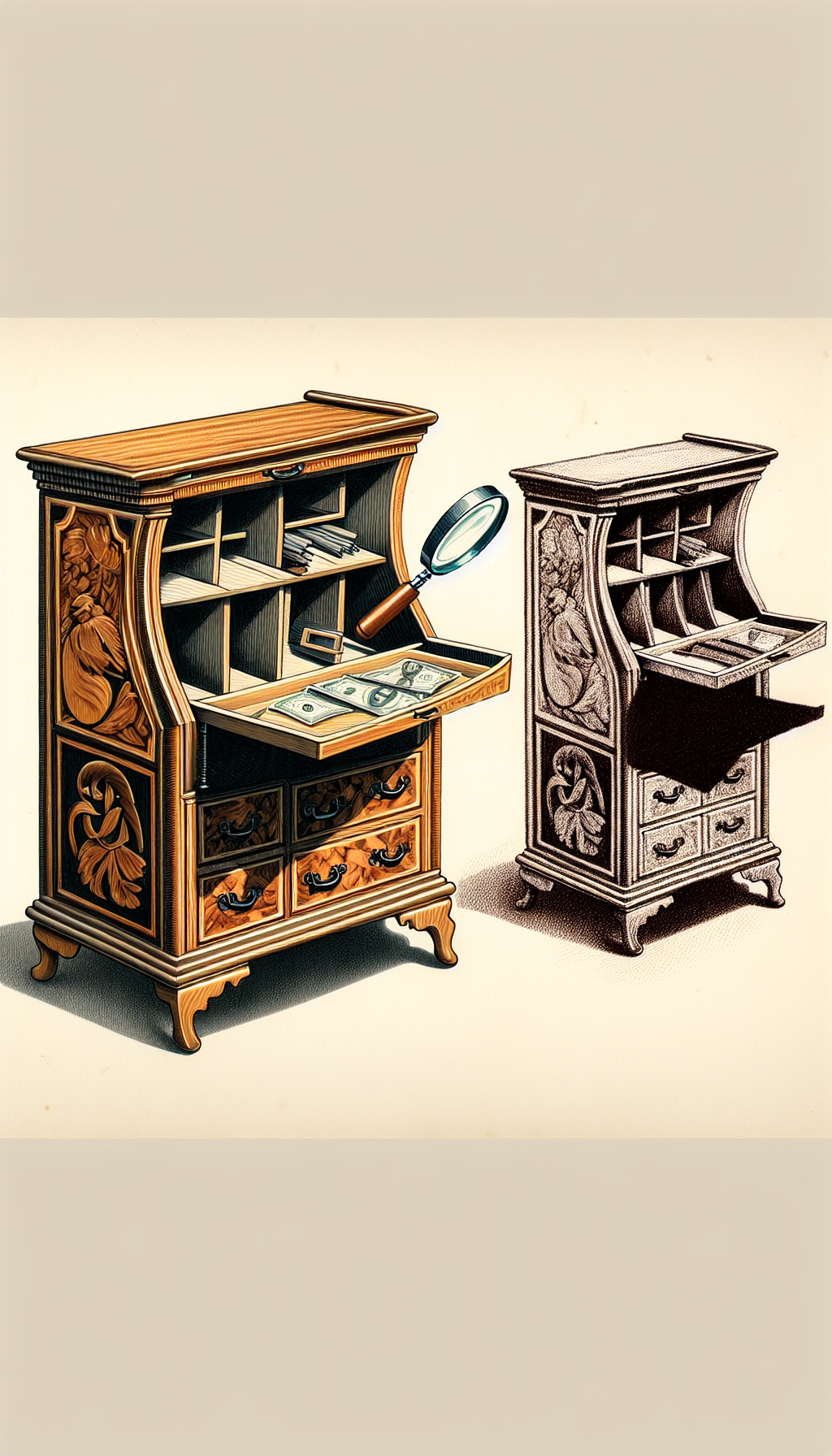 An intricately detailed drawing of half an antique drop-front secretary desk, with fine wood grain and artful inlay, contrasts sharply with its mirror image, faded and with a broken hinge. The divide shows a magnifying glass over one section, highlighting craftsmanship, while a dollar sign shadow looms over the deteriorated half, signifying value loss.
