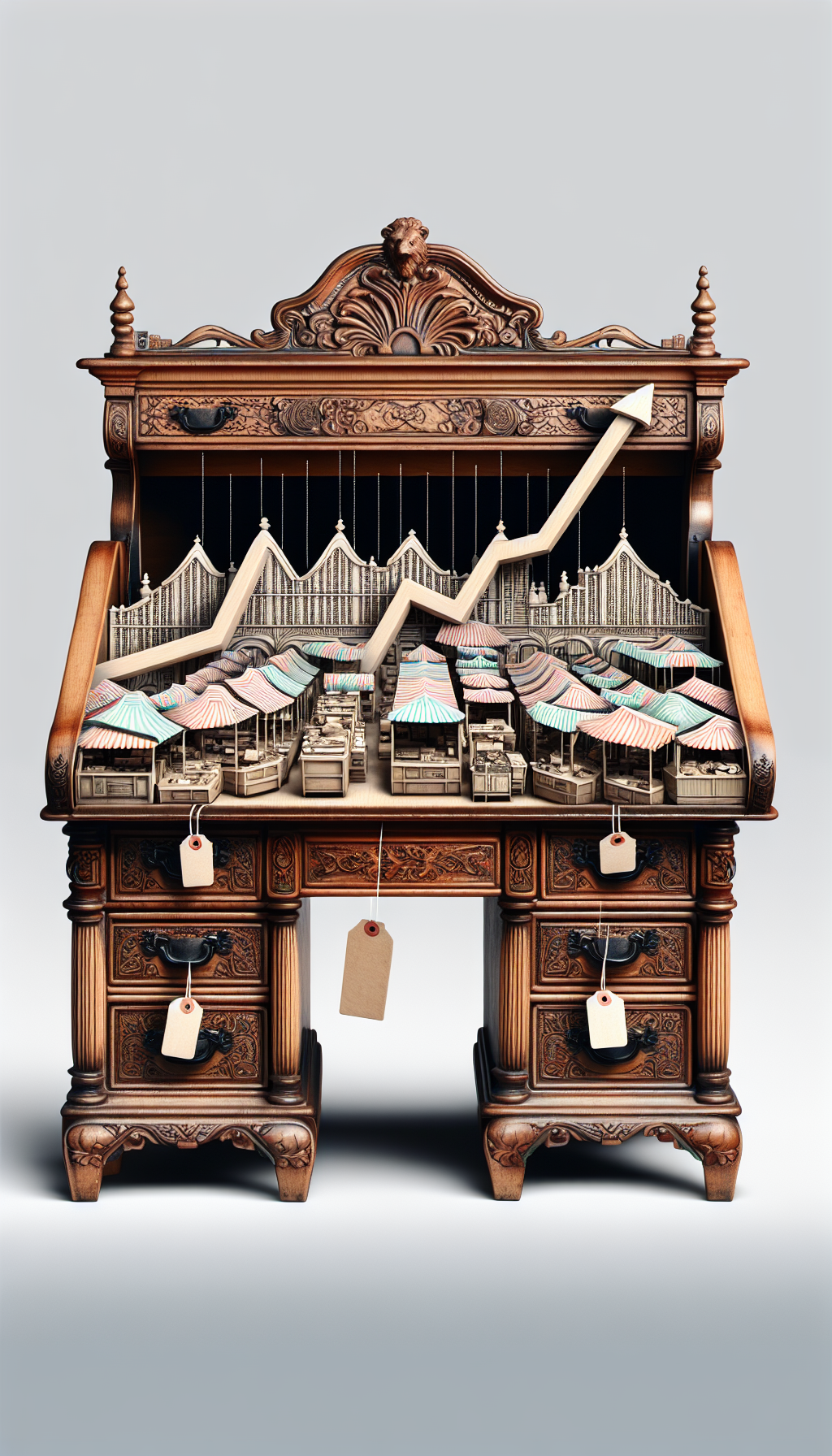 An illustration showcases a grand, ornately carved antique secretary desk whose drop front opens to reveal a bustling, vintage-style marketplace. The market stalls are intricately designed to represent graph lines, indicating rising and falling trends. Price tags dangle from the desk drawers, subtly fluctuating in size to symbolize varying values, seamlessly blending the themes of antiques and market demand.