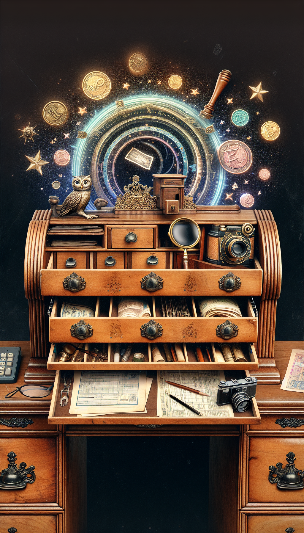 An illustration of an aged, wood-textured drop front secretary desk, with its compartments splayed open to reveal various antique appraisal tools like a magnifying glass, a vintage camera, and appraisal forms. A translucent overlay of stars and currency symbols hovers above the desk, symbolizing the desk's value assessment, while a wise owl wearing glasses perches atop, embodying wisdom and insight.