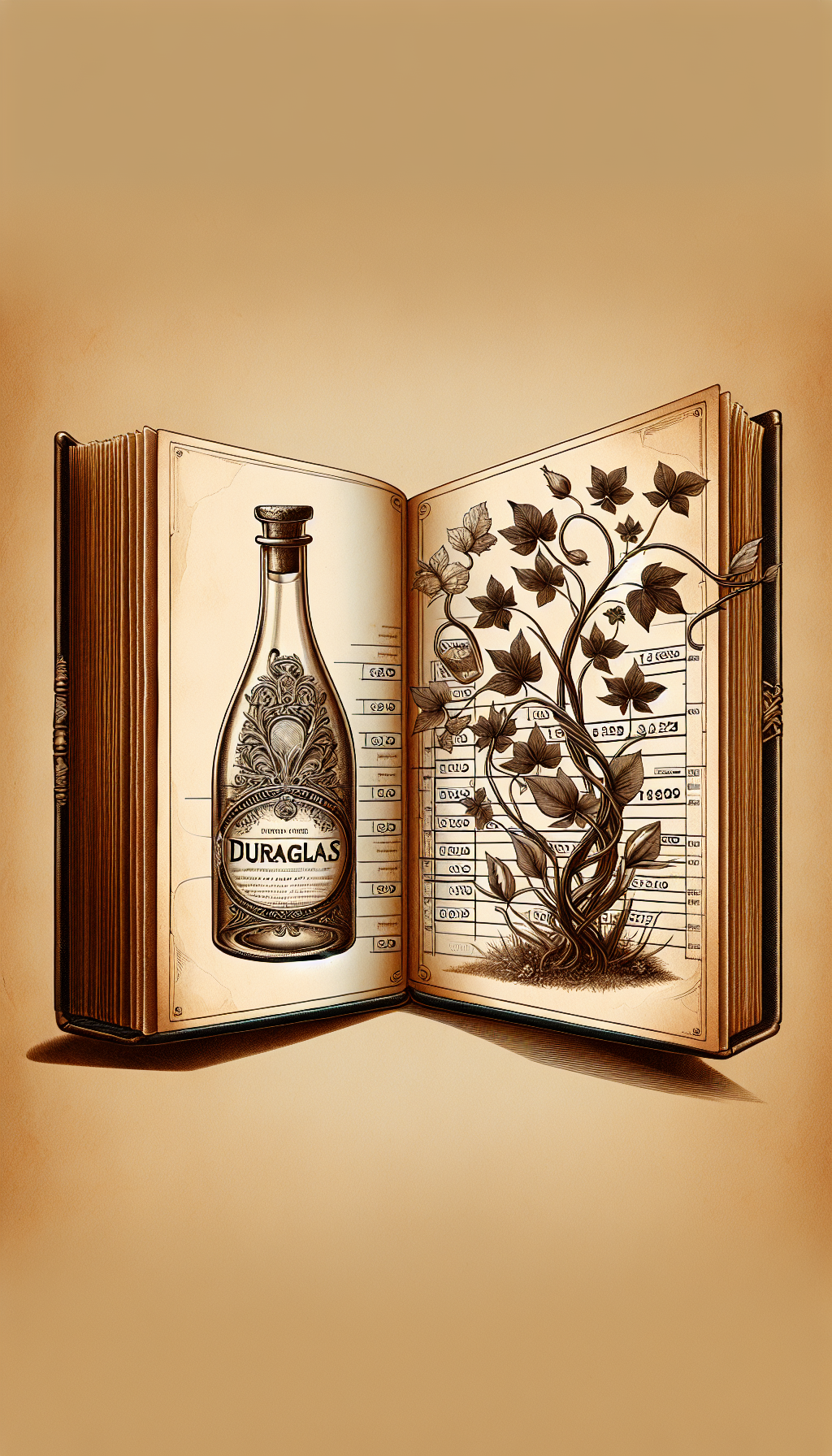 An illustration features an open antique book with sepia-toned pages, one showing a detailed sketch of a Duraglas bottle and the other a timeline fading into its silhouette. Intricate vines entwine the bottle, with some leaves morphing into price tags to signify varying values. The vintage paper texture and classic botanical illustration style add to the theme of historical elegance.