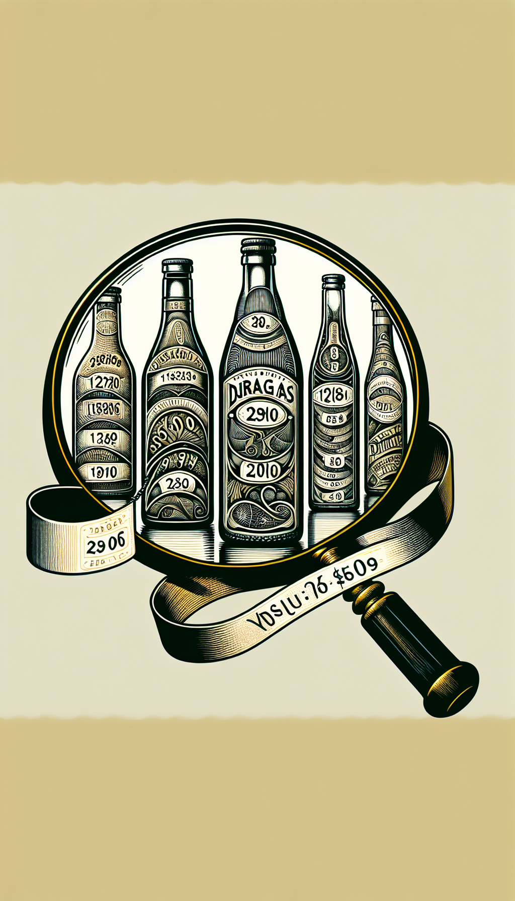 An illustration features a magnifying glass that showcases various sections of a stylized Duraglas bottle as it morphs through a timeline, with each section etched in distinct dated markings and patterns. A scrolling price tag ribbon intertwines with the bottle, where age increases the value displayed in vintage-style numbers, visually marrying the aspects of identification, dating, and antique worth.
