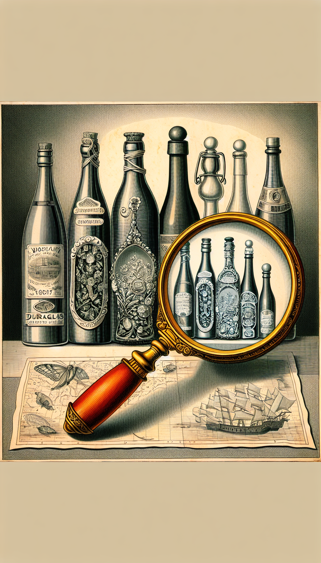 An opulent still-life illustration depicts a magnifying glass resting atop a vintage map, revealing diverse Duraglas bottles that morph from plain to ornate under its lens. Behind the glass, the bottles sparkle, intricately etched with factors like rarity and age, symbolizing their ascent in value, while outside the glass, they remain common and undistinguished.
