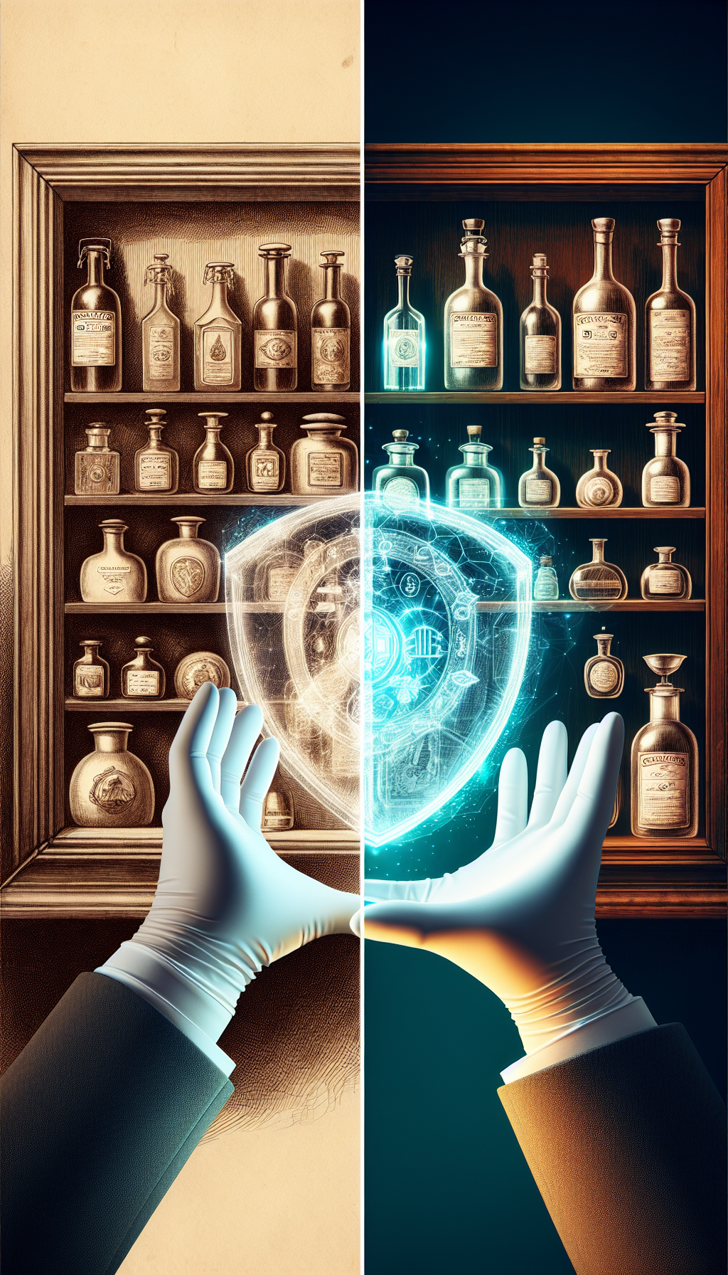 A vibrant, split-style illustration depicts a vintage wooden shelf. On the left, sketched in sepia tones, antique Duraglas bottles gleam, carefully aligned and labeled. To the right, the scene shifts to a colorful, modern look where hands in white gloves tenderly dust a bottle, symbolizing its value. Above, a transparent shield icon suggests preservation, uniting past and present care practices.