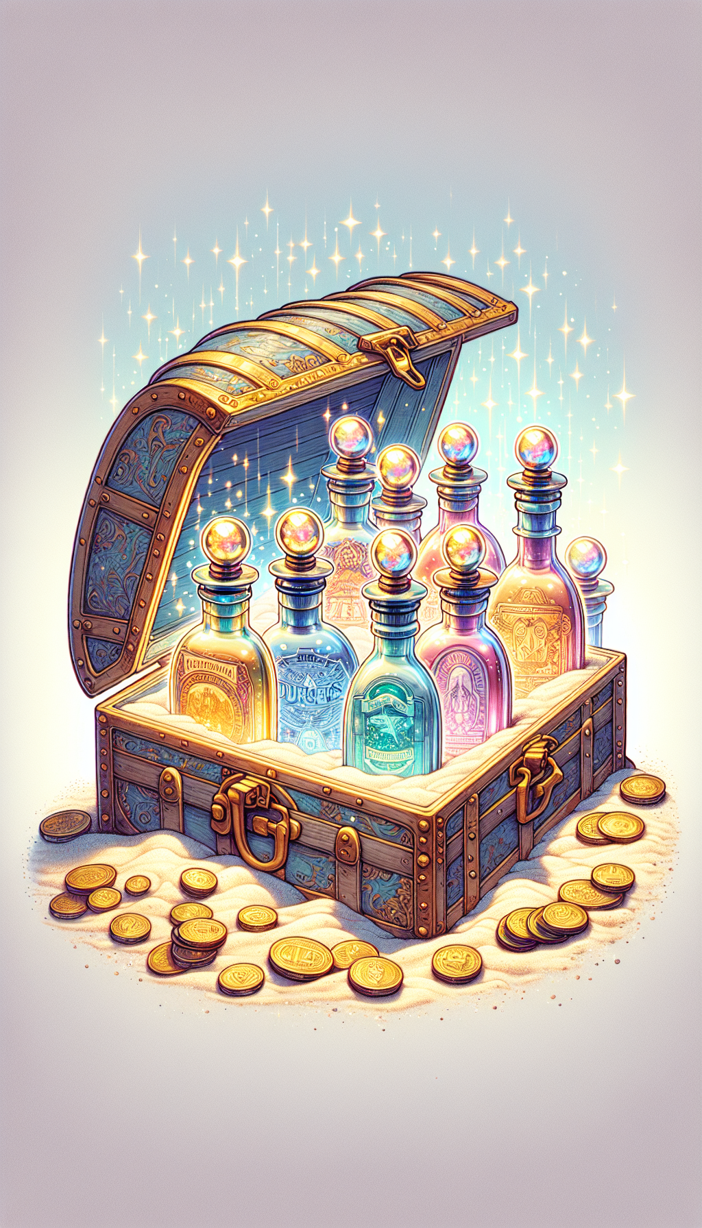 An illustration of an ornate treasure chest, ajar and softly glowing, partially buried in sand. Within, a variety of Duraglas bottles are captured in mid-hover, encircled by shimmering gold coins and jewels, their labels elegantly depicting eras past. Distinct styles—from watercolor pastels to sharp-edged art deco—meld across bottles, emphasizing their individual worth and historical value.