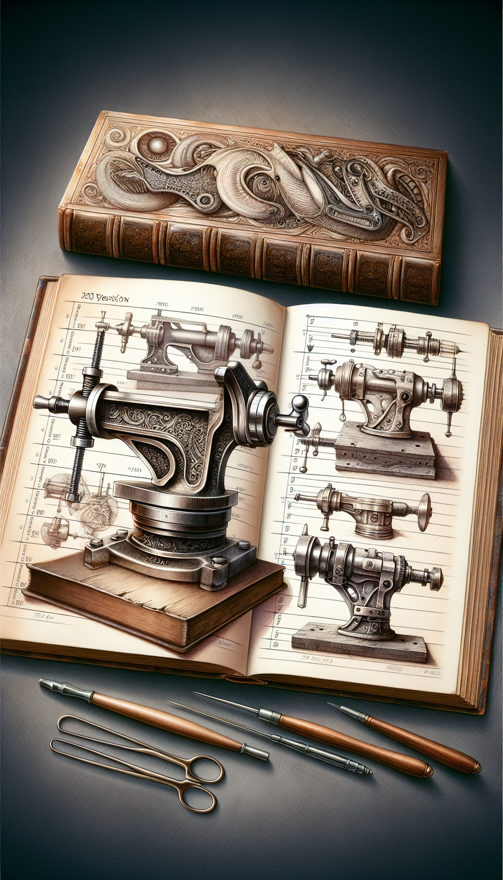 An image of an aged, ornate vise grasping an open book, its pages inscribed with the timeline of hallmark features specific to historic vises; the illustration seamlessly blends styles, with the vise depicted in hyper-realism against a watercolor backdrop, while the book's timeline features delicate line art to represent different eras of vises, emphasizing the evolution and identification process.
