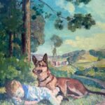 The painting depicts a pastoral scene with a child and a dog resting in a landscape. The use of light and color, along with visible brushstrokes, suggest an Impressionist influence. Compositionally, it balances tranquility and warmth, capturing a moment in nature. Its age and personalized display hint at significant sentimental value. 34″ wide and 40″ high, circa early to mid 20thC. Signed Chuck Elois (American artist, circa late 20thC) Folk art style.