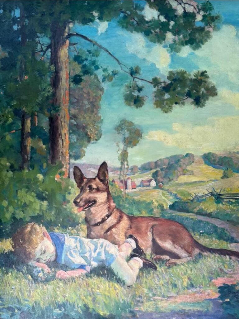 The painting depicts a pastoral scene with a child and a dog resting in a landscape. The use of light and color, along with visible brushstrokes, suggest an Impressionist influence. Compositionally, it balances tranquility and warmth, capturing a moment in nature. Its age and personalized display hint at significant sentimental value. 34″ wide and 40″ high, circa early to mid 20thC. Signed Chuck Elois (American artist, circa late 20thC) Folk art style.
