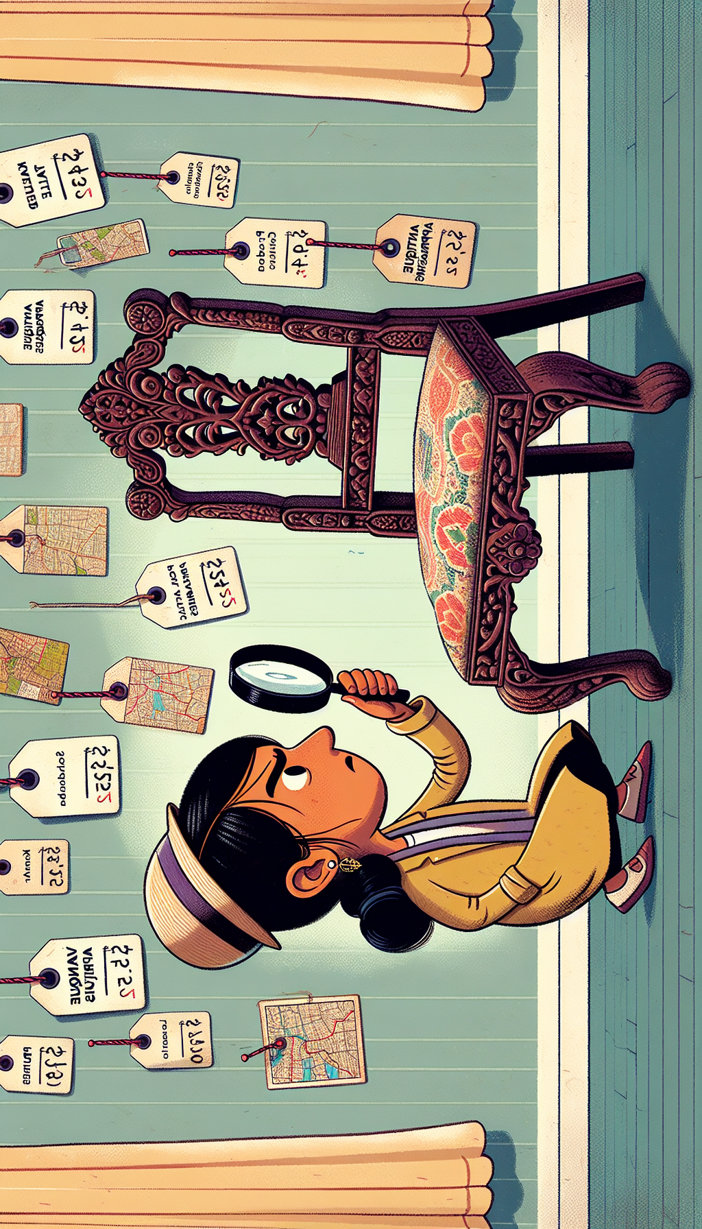 A whimsical caricature of a magnifying glass-wielding detective, peering intently at an elaborately carved antique chair with price tags doubling as speech bubbles listing valuation tips, stands in a room wallpapered with worn maps and pushpins marking local "Antique Appraisals". The playful mix of flat and 3D styles adds depth and emphasizes the hunt for nearby expertise.
