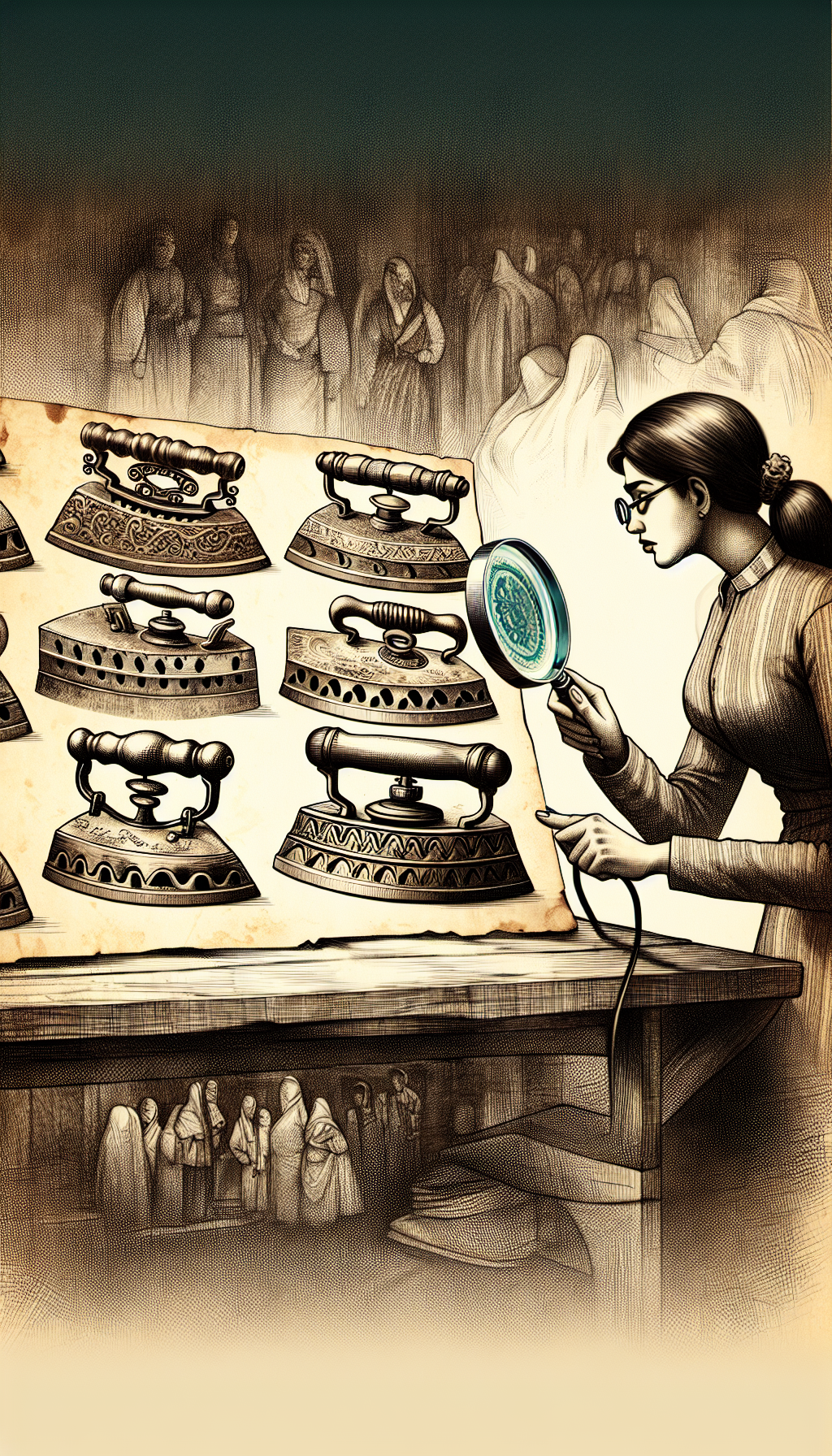 A whimsical sketch depicts a detective peering through a magnifying glass at a lineup of assorted antique sad irons, each with unique patterns and markings. The magnifying glass reveals a ghostly overlay of historical scenes relevant to each iron's era, suggesting the stories and history encapsulated within these ancient domestic tools.