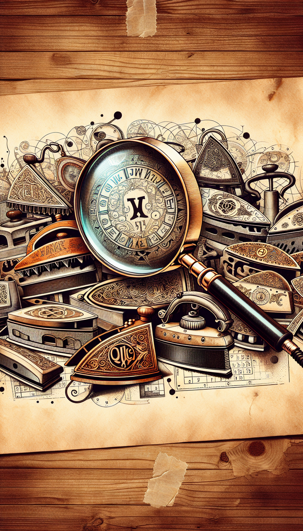 An intricate collage featuring a magnifying glass that reveals an array of faded manufacturers' stamps and elegant signatures on antique sad irons. Each iron has a unique, stylized stamp that hints at its historical origin, against a backdrop of swirling clock hands and calendar pages, symbolizing the passage of time. The illustration merges sketched, watercolor, and sepia-toned photographic styles.