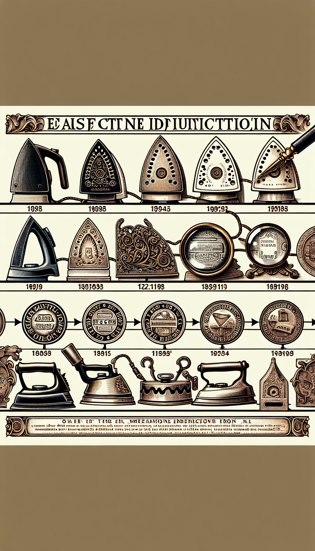 An illustrated timeline flows from left to right, morphing a plain, crude utility iron into an ornate, rare collector's sad iron, each with identification tags and year marks. Variegated styles—from woodcut to baroque to modern line art—highlight the iron's evolution, while a magnifying glass hovers over unique identifiers, like manufacturer stamps or decorative elements, emphasizing the antique identification theme.