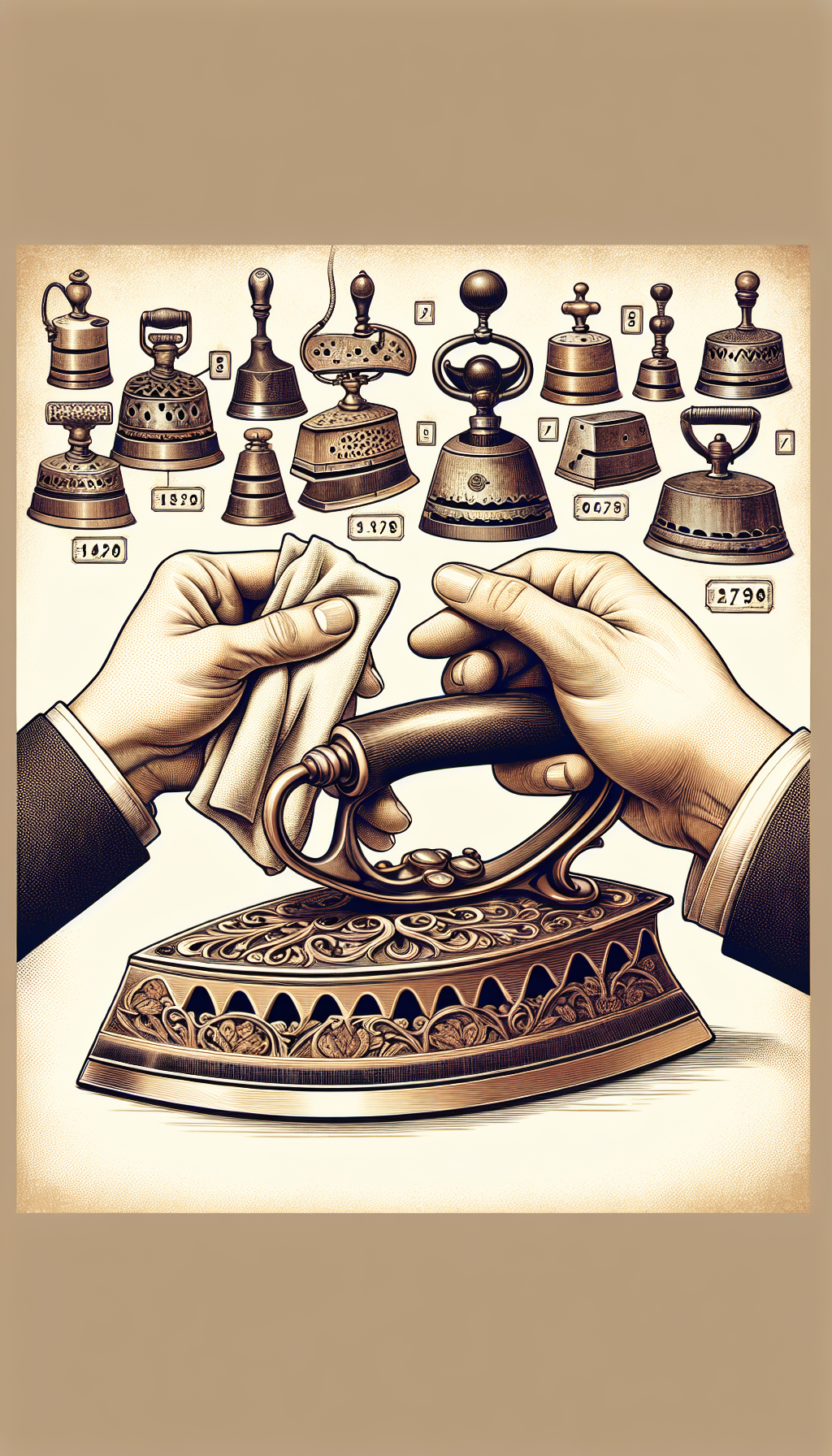 An illustration shows a pair of hands gently holding a cloth and polishing an ornate, antique sad iron, with visible manufacturer's marks highlighted for identification. The background is a softly shaded array of different sad irons, each with a faint, numbered label, creating a subtle visual guide for enthusiasts to identify and care for their heirloom collections.