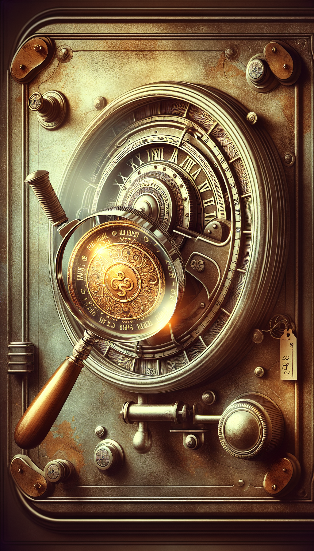 An illustration depicts a magnifying glass hovering over an intricate, vintage safe dial with Roman numerals signifying its age. Through the lens, we see a shimmering coin and a price tag, blending the past with its monetary worth, symbolizing the discovery of the safe's value. The image is stylized with sepia tones and steampunk elements, emphasizing antiquity and worth.