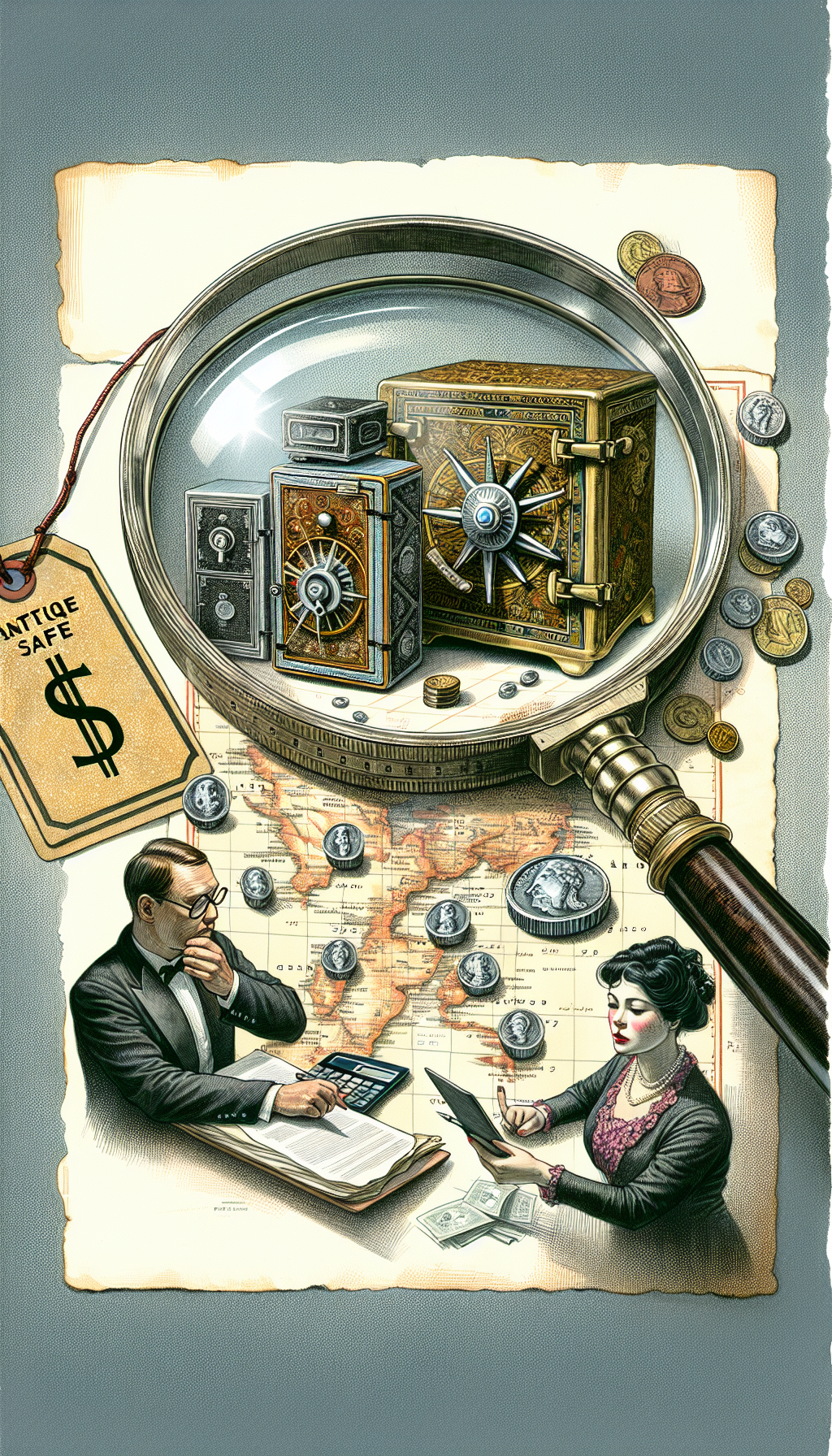 An illustration showcasing a magnifying glass hovering over a map dotted with vintage safe icons, beneath which experts in classic attire examine safes with calculators and price tags. A shimmering price tag hangs off the magnifying handle, highlighting the 'antique safe value', merging the worlds of discovery, expert appraisal, and the unearthing of treasures in a dynamic, sketched and watercolor blended style.