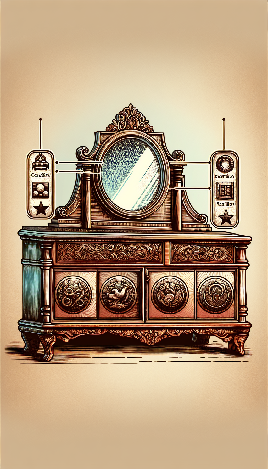 An eloquent illustration depicts an ornate antique sideboard with a mirror poised at its crest, reflecting symbols of key valuation factors—condition, provenance scrolls, era-specific design elements, and rarity stars. The sideboard stands on a gradient background transitioning from vintage sepia to modern vibrancy, illustrating the timeless value journey within the history-imbued wood grain textures and craftsmanship details.