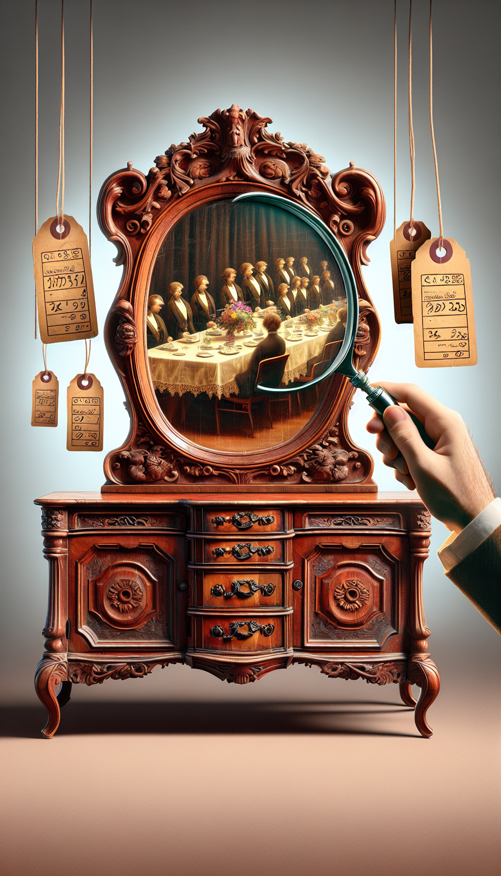 An ornate antique sideboard reflects a ghostly, faded image of its own past—a bustling Victorian dining room scene. A magnifying glass hovers above, scrutinizing a telltale maker's mark on the furniture, while price tags with increasing values dangle off the carved wooden mirror frame, symbolizing the sideboard's rising worth with age and authenticity.