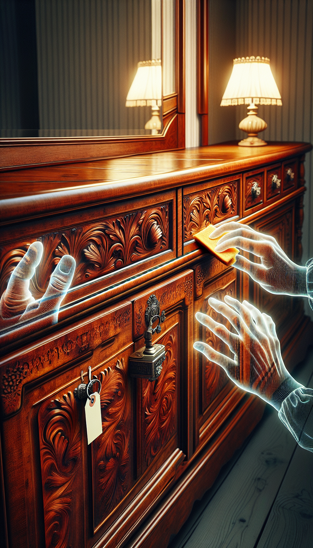 A Victorian-style sideboard with an ornate mirror glimmers as a translucent overlay of hands gently buffs the surface, with a glowing aura to signify its value. The wood grain is detailed, reflecting care, with a sidebar of miniature tools like polish and a soft cloth. A shimmering price tag dangles from an antique key in the lock, blending worth with preservation.