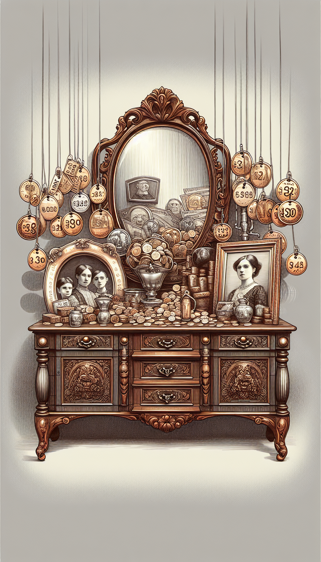 An elegant sideboard with intricate wood detailing and a vintage mirror reflects shimmering coins and paper money, all adorning its polished surface. Amidst family portraits and heirloom trinkets, price tags dangle with notable figures, subtly highlighting the lucrative potential. The classic and digital strokes merge, with the antique in fine lines and valuations in pixelated digits, capturing the fusion of past wealth and modern commerce.