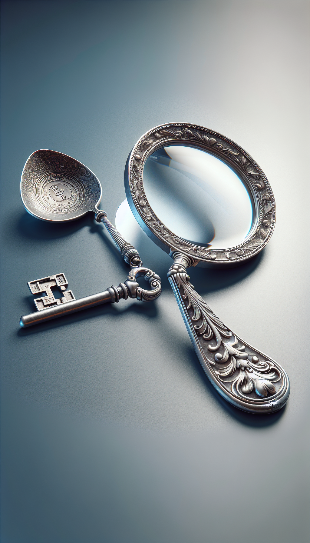 An elegantly engraved magnifying glass hovering over an intricately patterned antique silver spoon, with the glass lens revealing hallmarks stamped on the spoon's stem. The handle of the spoon morphs into an old-fashioned key, symbolizing unlocking the secrets to its identification. The contrasting styles of photorealism for the spoon and whimsy for the key blend history with the excitement of discovery.