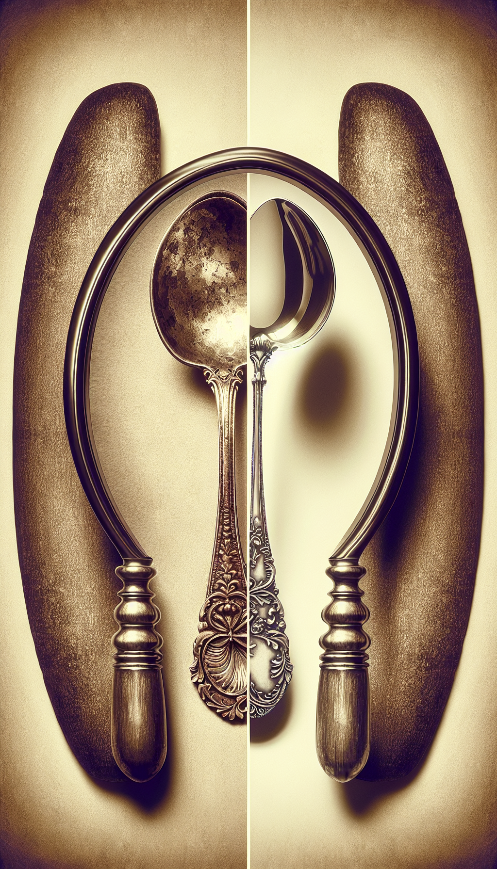 An illustration depicts a magnifying glass hovering over a tale of two contrasting halves. On one side, a lustrous, almost mirror-like silver spoon marked with patina and enigmatic hallmarks, representing a genuine antique; on the other, a duller, machine-perfect replica. Both sit atop a timeline, subtly blending from sepia tones to crisp monochrome, symbolizing the passage of time and the art of discernment.