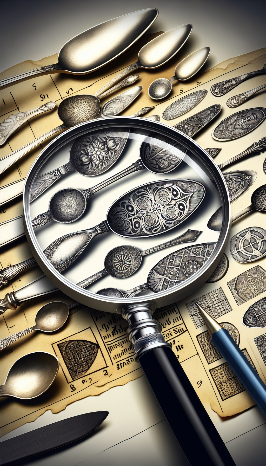 In the illustration, a magnifying glass reveals intricate patterns and hallmarks etched on the surfaces of overlapping antique silver spoons, which transition in style from line drawings to photorealistic, and finally into abstract representations, symbolizing a deep dive into their history and origins, with whispers of text denoting famous makers' marks in the background.