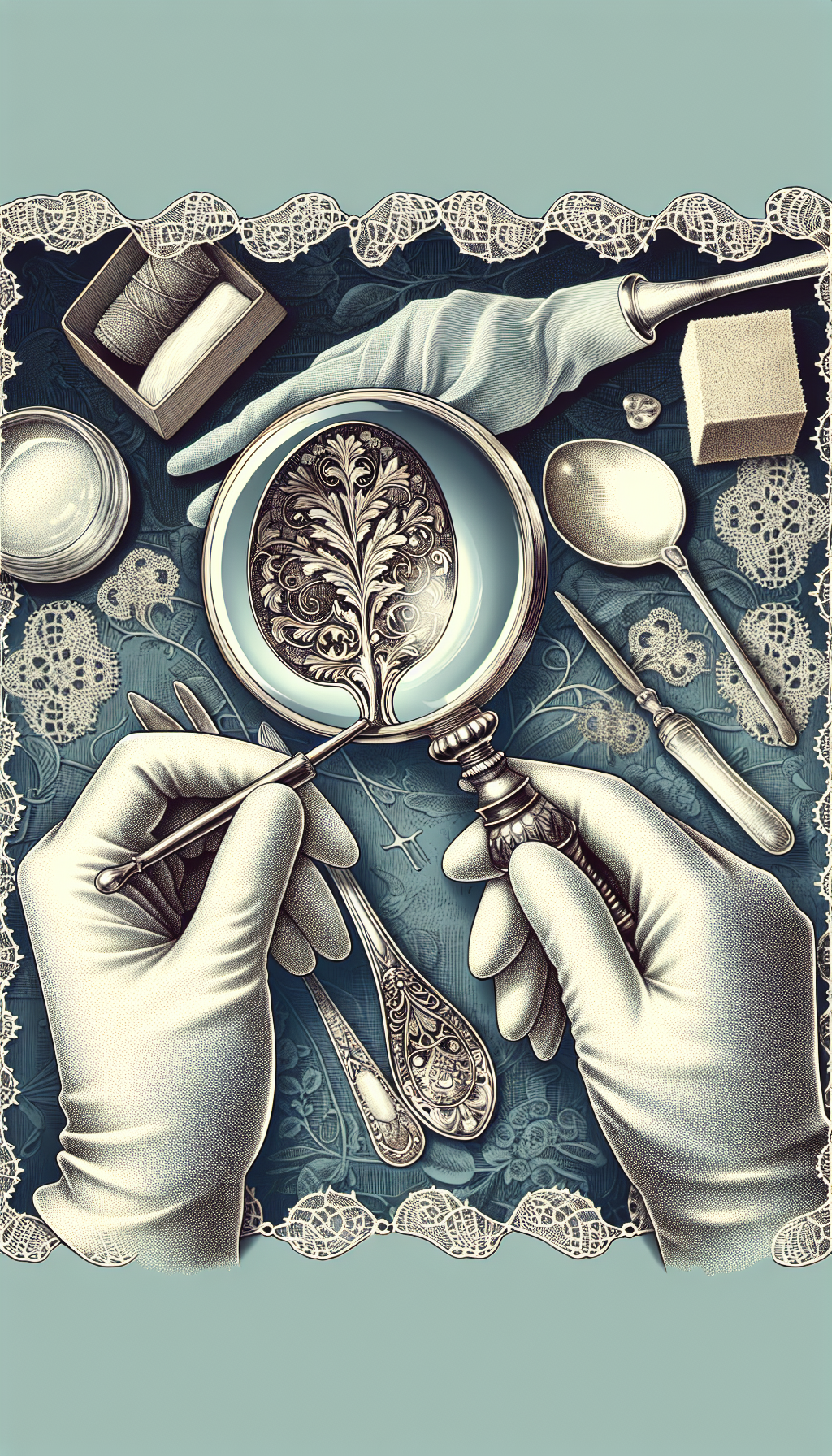 An illustration showcases a hand delicately holding an ornate magnifying glass that reveals intricate hallmarks on a vintage silver spoon's stem, each mark subtly glowing. Surrounding the spoon are faint outlines of protective gloves, a soft cloth, and a wax polish jar, implying preservation care, set against a backdrop of lacy filigree that nods to an antique aesthetic.