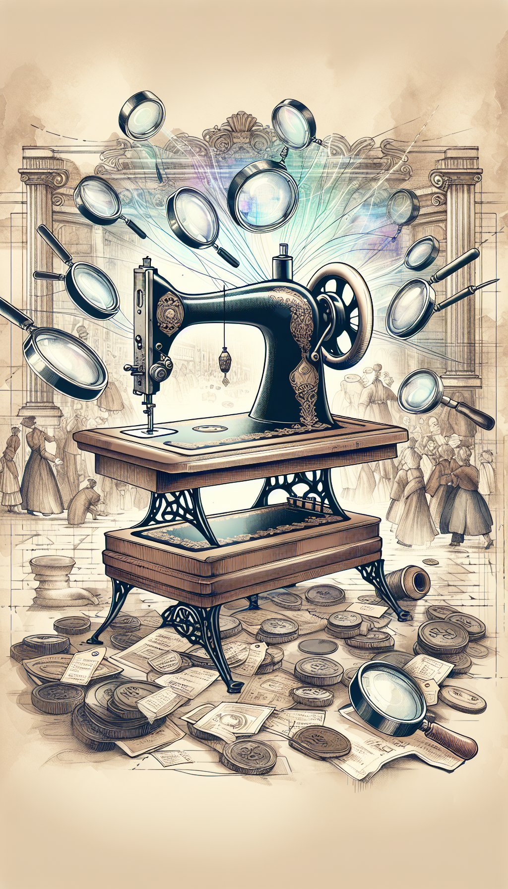 An illustration presents an ornate, antique Singer sewing machine resting on a pedestal. Magnifying glasses hover above, dissecting glowing, ethereal streams representing rarity and demand that swirl upward from the machine. Scattered around are faded price tags escalating in value, while behind, a baroque-style frame encloses a bustling vintage market scene. The artwork blends line art with watercolor textures to emphasize contrast.