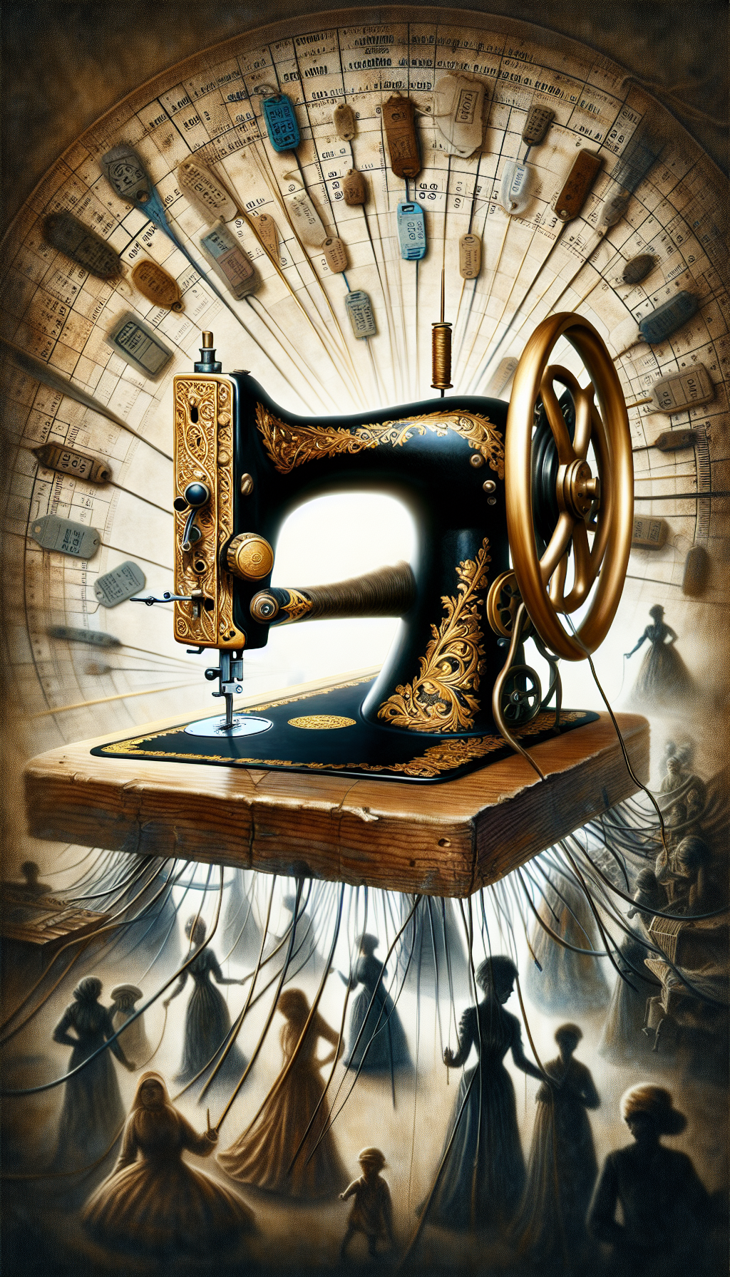 An ornate, vintage Singer sewing machine, with its gold filigree shimmering, serves as the centerpiece within a tapestry of history—seamlessly stitched timelines branching from its needle. Beneath, a shimmering price tag pendulum swings, suggesting fluctuating antique values, while shadowy figures of seamstresses from bygone eras faintly embroider garments that shape the fabric of time.