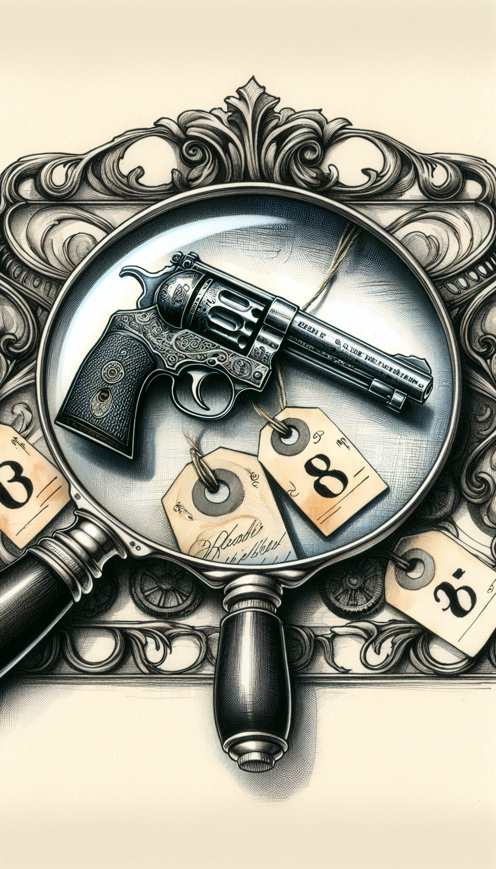 An antique revolver entwined with a magnifying glass that highlights intricate stamps and maker's marks on the barrel, while around it, delicate filigree forms price tags featuring values, blending Victorian etching with modern watercolor washes for a stark contrast between historical detail and contemporary assessment.
