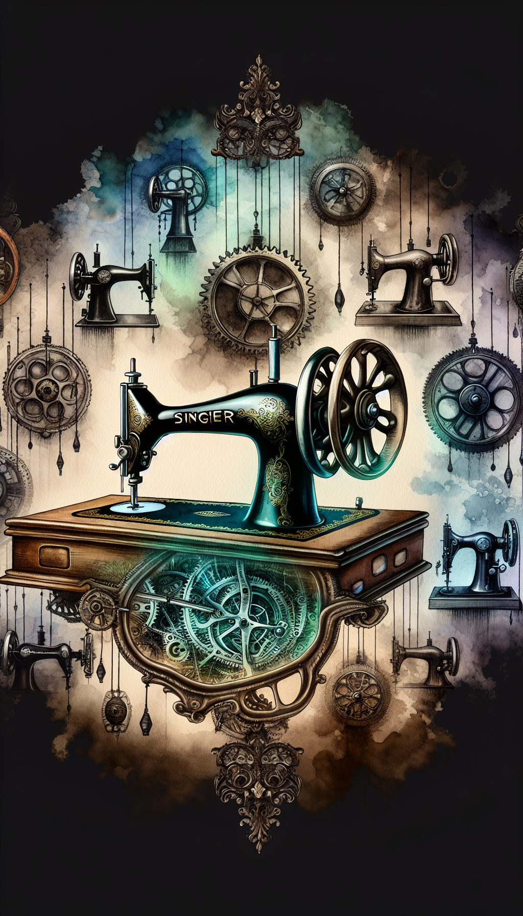 An artistic blend of steampunk and watercolor features an antique Singer sewing machine with a transparent handwheel, showing gears rewinding in time. Behind it, shimmering ghostly images of various coveted Singer models cascade, with price tags hanging from a Victorian-style ornate frame, hinting at their value. The styles create a sense of historical depth and financial appreciation.