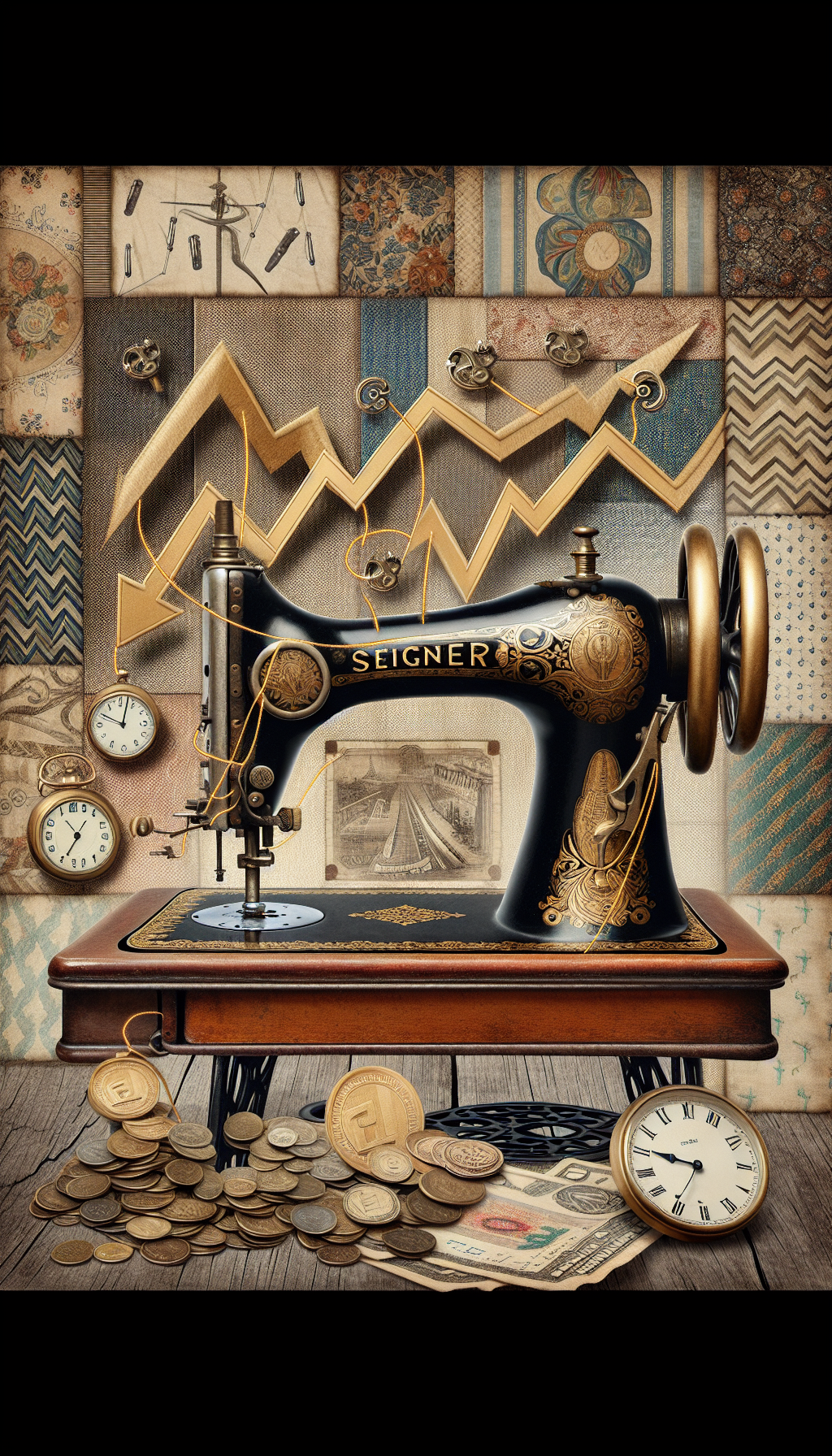 A whimsical steampunk-inspired collage featuring an elegant, ornate antique Singer sewing machine entwined with golden thread that morphs into rising graph lines and vintage clocks, symbolizing the investment value over time. Patchwork style fabrics with classic market trend patterns (like chevrons or paisleys) form the backdrop, with currency symbols subtly stitched in, hinting at the machine's collectible worth.