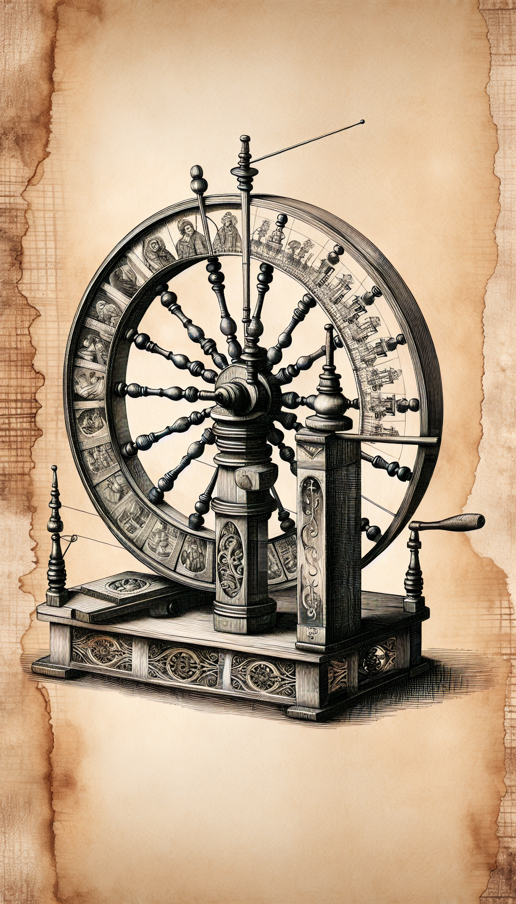 An intricately detailed ink sketch depicts a half-designed antique spinning wheel, the incomplete side revealing a ghostly overlay of ancient textile craftsmen at work. Each spindle bears inscribed symbols unique to different historical eras, aiding in the identification of the wheel's provenance, with a textured backdrop mimicking aged parchment to enhance the timeless ambiance.