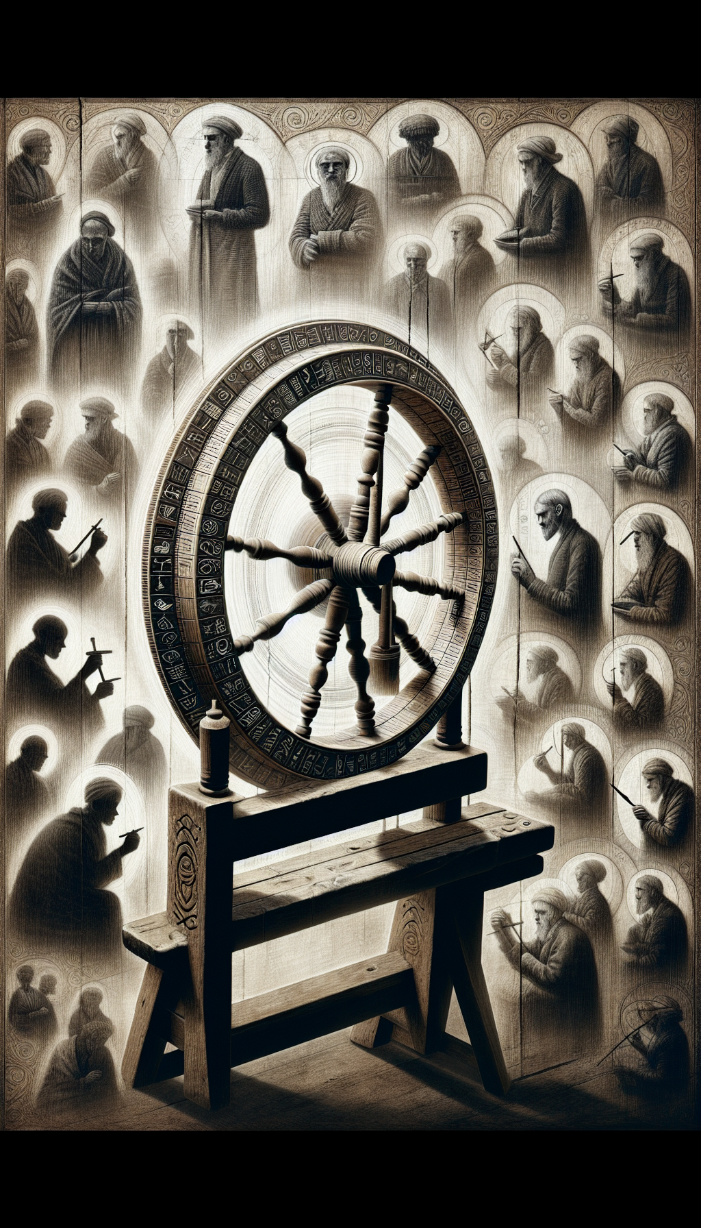 The illustration depicts an antique spinning wheel with distinct maker’s marks and signatures intricately carved into its wooden frame. Shadowy figures of historical artisans hover around it, etching their unique symbols. The style shifts from detailed realism on the spinning wheel to ghostly abstract outlines for the artisans, highlighting the melding of tangible history and the mystery of its creators.