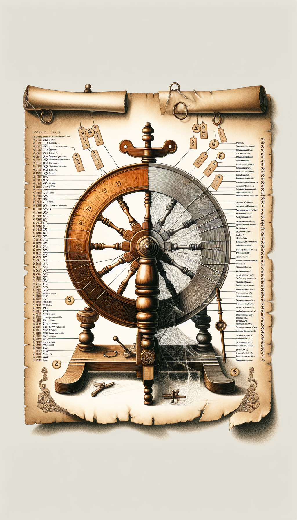 An intricately detailed illustration showcases a half-restored spinning wheel where one side gleams with polished wood and gleaming brass fittings, while the other remains timeworn and cobwebbed. Tiny numbered tags hang off key features (like the flyer, wheel, and treadle) leading to a faded scroll at the bottom, listing identifying characteristics and time periods, symbolizing a blend of conservation and detective work.