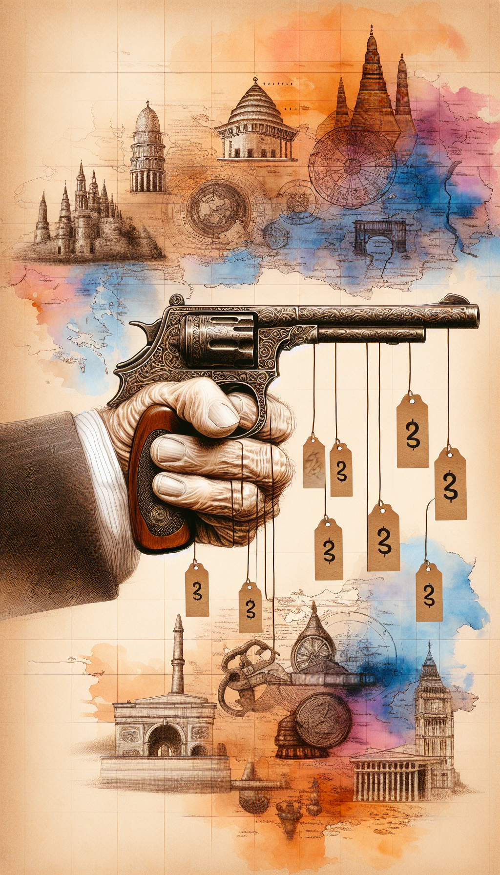 An aged hand gently cradles a vintage pistol, hovering over a faded map strewn with iconic landmarks and cultural symbols, subtle price tags dangle from each. The backdrop shifts from sketched lines to bold watercolors, blending past and present, suggesting the gun's journey through history and its rising value.