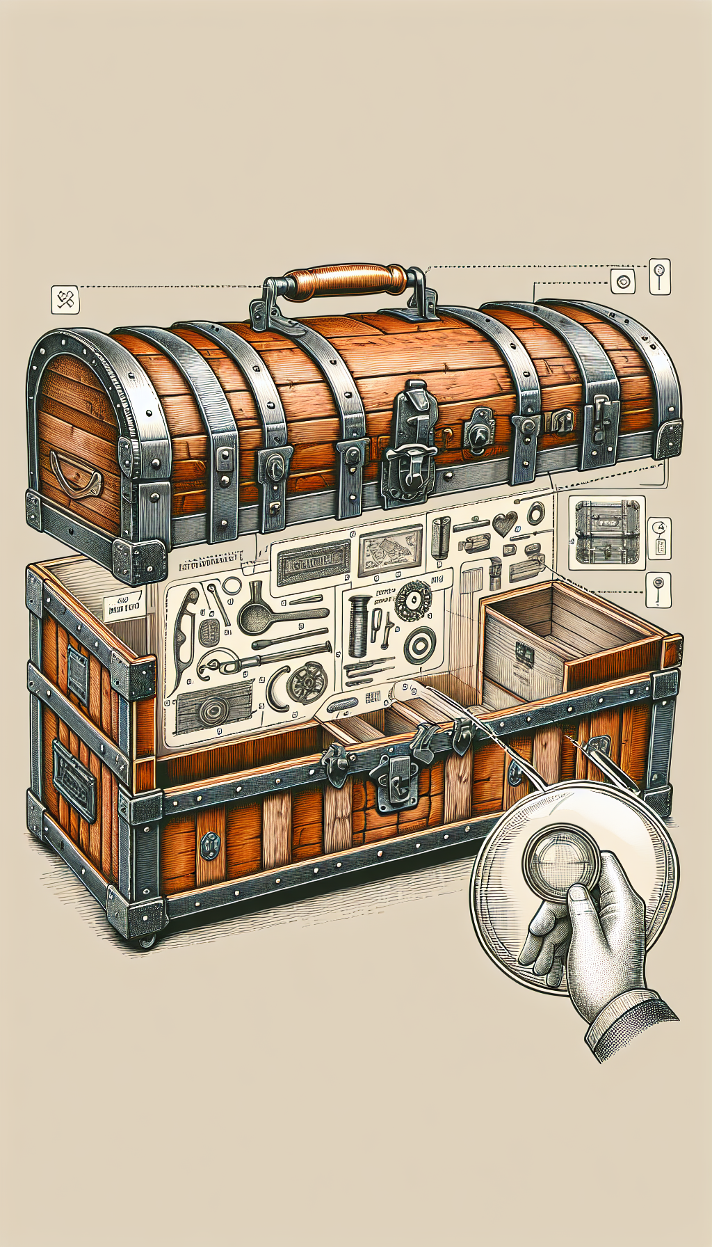 An intricate cross-section illustration of an antique steamer trunk, peeling away layers to reveal its craftsmanship. One side is realistic, showcasing wood textures and metal hardware, while the other side uses line art to highlight identifying features like unique lock mechanisms and manufacturer stamps, with a magnifying glass hovering over, symbolizing the identification process.