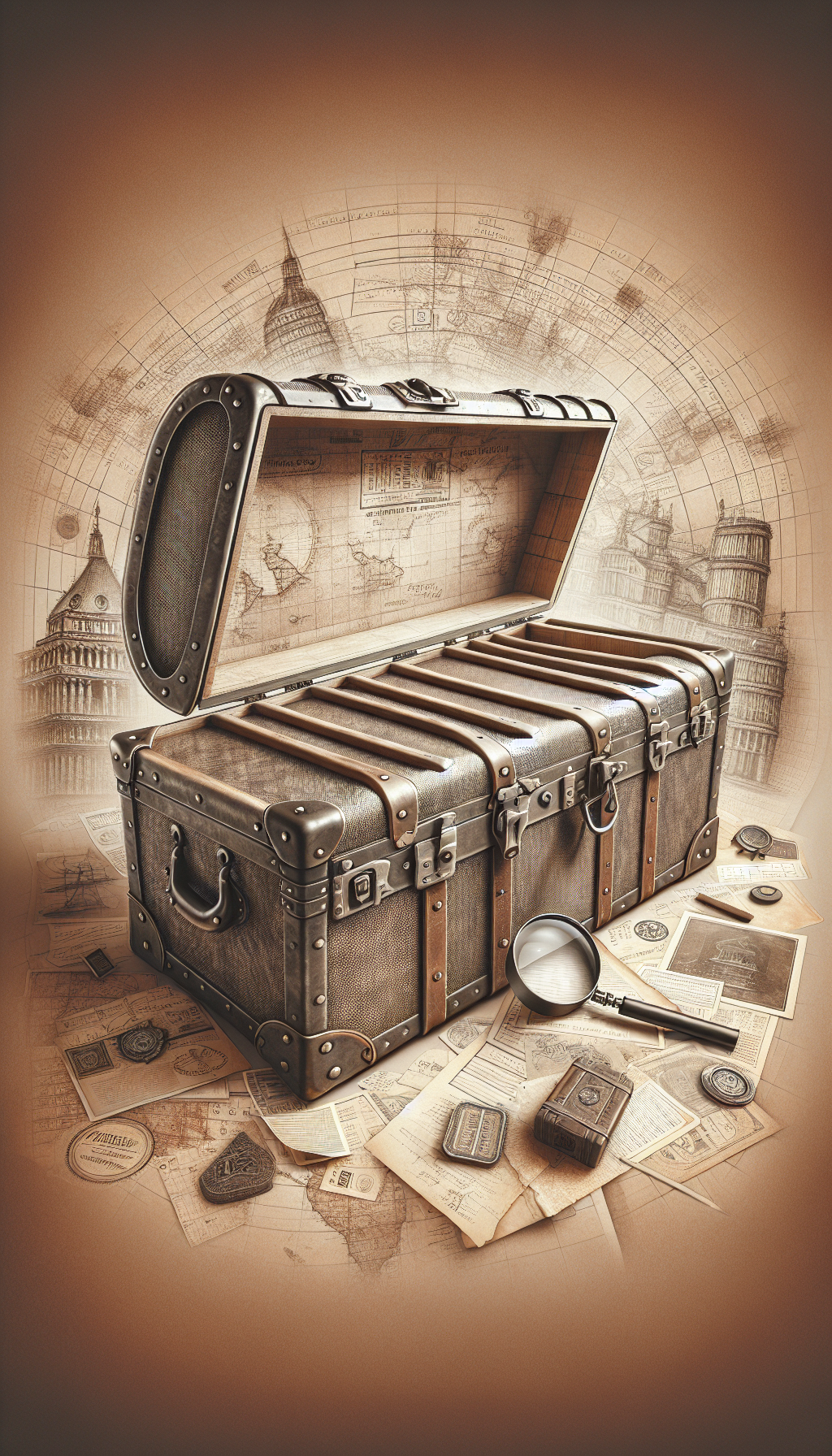 An intricately detailed steamer trunk, corners reinforced with metal, sits open amidst a swirl of sepia-toned historical landmarks and ephemera. A magnifying glass hovers over the trunk, revealing distinguishing features like unique locks, manufacturer stamps, and travel stickers, providing clues to its past voyages. The style oscillates between photorealistic depictions of the trunk and sketched, old-map-like backgrounds.