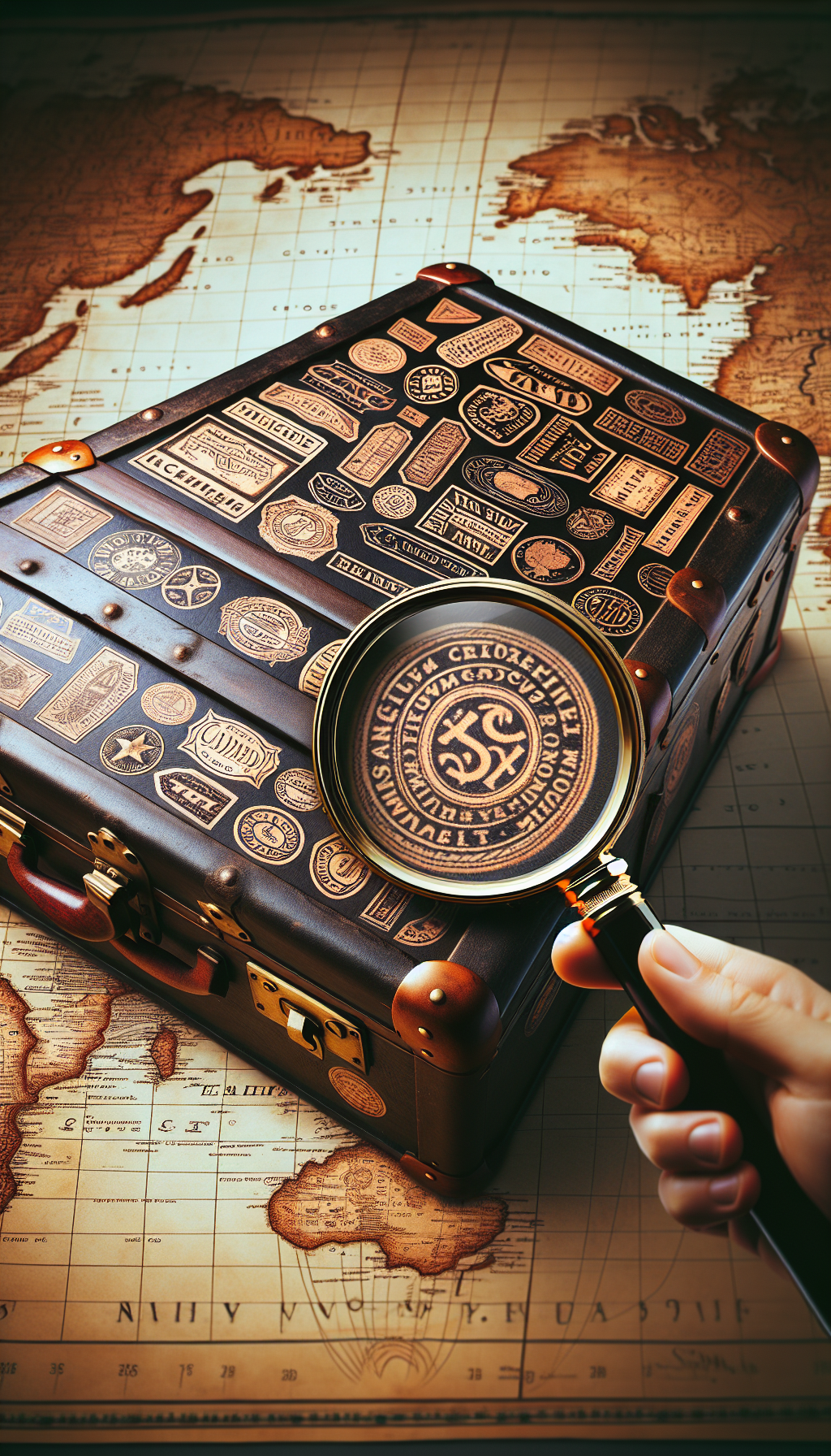 An illustration depicts a magnifying glass held over a classic steamer trunk with discernible signatures and logos from various historic makers etched onto the surface. The trunk sits atop an old world map, indicating its travel heritage. The magnifying glass spotlights some of the unique, intricate brand marks, suggesting the theme of identification and discovery.