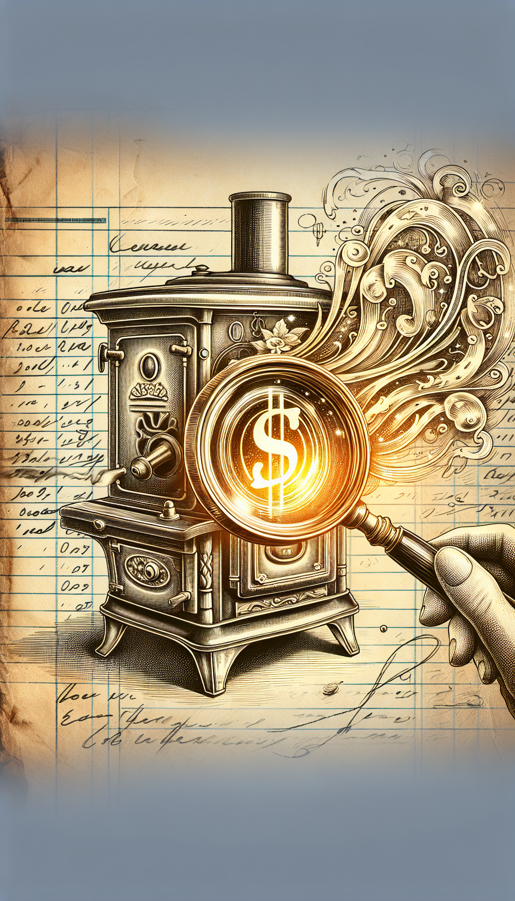 An intricately detailed pen-and-ink drawing of a magnifying glass poised over an ornate, vintage stove, with age marks and a faded maker's mark visible. The stove stands atop a transparent ledger, with scribbled notes and dollar signs swirling around, gradually transitioning into a glowing golden hue, symbolizing the ascent in value as the stove's age and rarity are revealed.