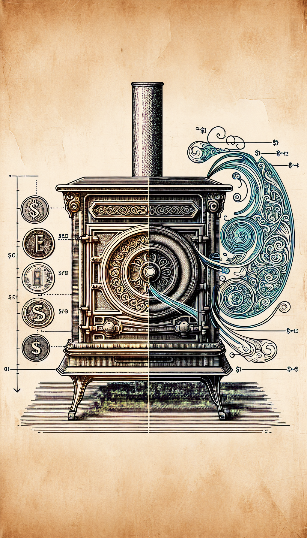 An intricate line art illustration depicts an antique stove with half crafted in sleek, modern steel and half in rustic, patinated cast iron, symbolizing the evolution of construction materials. A transparent "value gauge" overlays the stove, with historical motifs and currency symbols spiraling towards the well-crafted side, visually connecting material quality to the antique stove's worth.