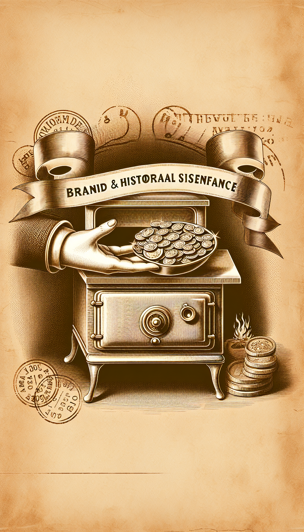 A sepia-toned illustration depicts a hand gently lifting an antique stove, revealing a treasure chest within its open oven door, overflowing with gold coins and jewels. A ribbon unfurls from the stove's handle with the words "Brand & Historical Significance" on it, and in the background, faint ink-stamped dates and logos adorn the scene, symbolizing the stove's rich history.