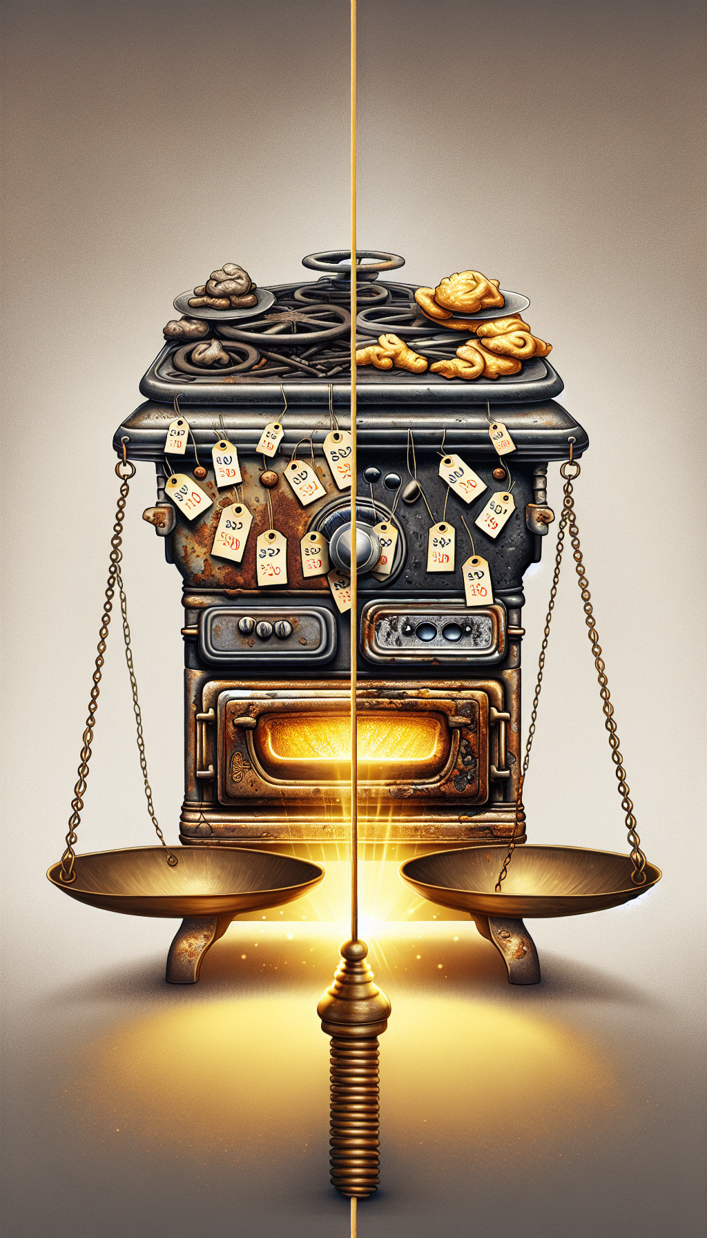 An illustration split diagonally: on the top, a dull, rusted antique stove with price tags decreasing in value; on the bottom, the same stove restored to a shiny finish with rising price tags. The restored side shimmers with golden light, hinting at increased value, while a balance scale at the center tips towards the restored stove, symbolizing its enhanced market price.