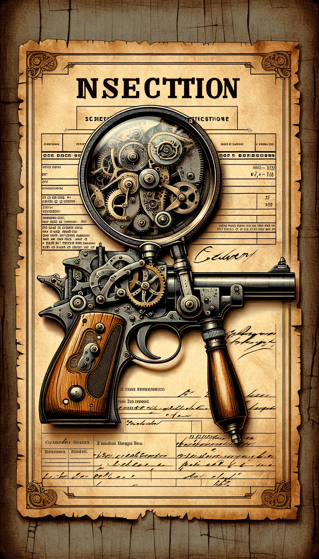 A steampunk-inspired illustration showing a vintage clockwork magnifying glass hovering over an antique gun, with cog and gear mechanisms inside the glass symbolizing the detailed evaluation of the firearm's functionality. The gun rests atop an aging appraisal document with the title of the section stamped in a Victorian font, blending the themes of mechanical intricacy and historical value.