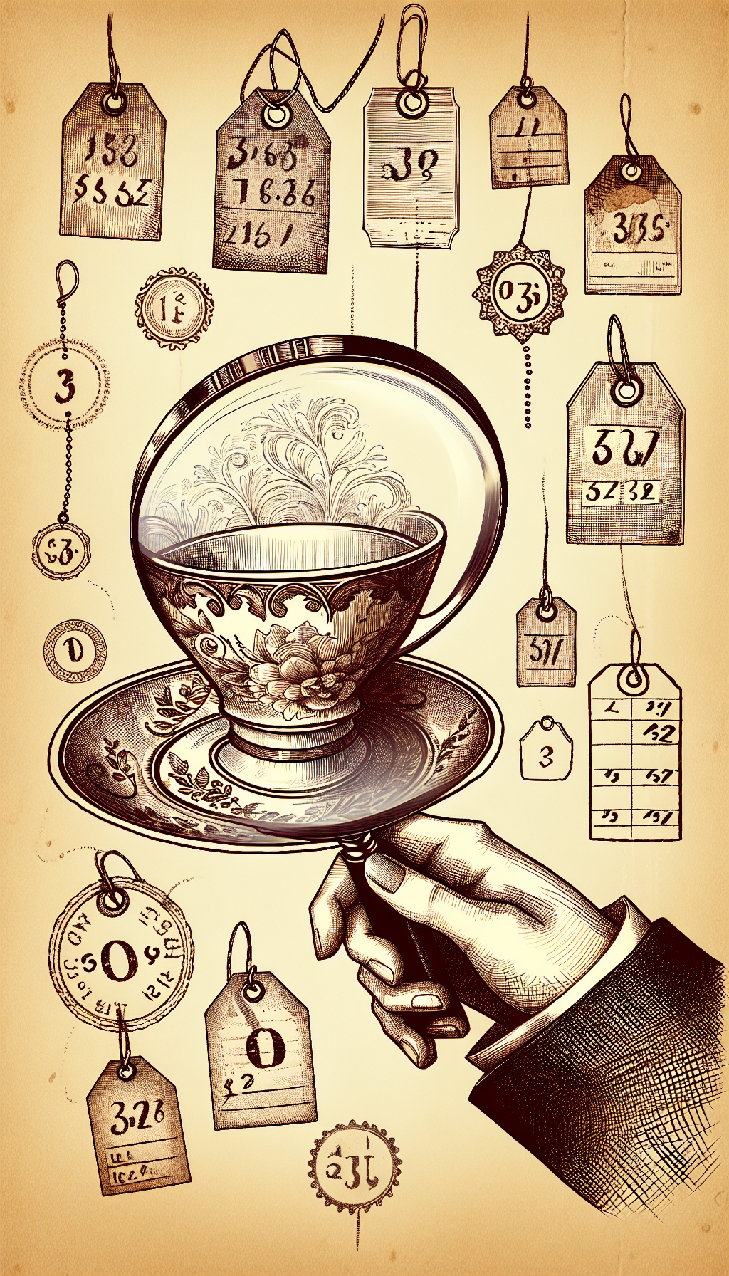 An intricate line-drawn sleuth magnifying glass peers into the delicate swirl of a vintage tea cup, revealing faint hallmark stamps amid its Victorian patterns. Sketched price tags dangle from the cup's handle, gradually increasing in value with the age of each deciphered mark, blending a detective aesthetic with whimsical antique charm in a sepia-toned vignette.
