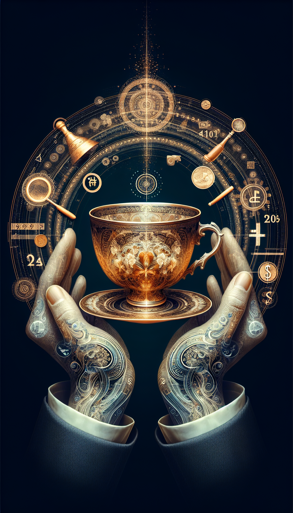 An illustration of an elegant, translucent antique teacup, cradled by a pair of ethereal, ghostly hands. The cup's delicate porcelain adorned with fine gold-leaf patterns, refracts an array of numbers and symbols representing currencies, auction hammers, and magnifying glasses. The teacup, as the centerpiece, is surrounded by a semi-circle of diverse elements like age rings, a patina texture, and a small crack to signify its history and value.