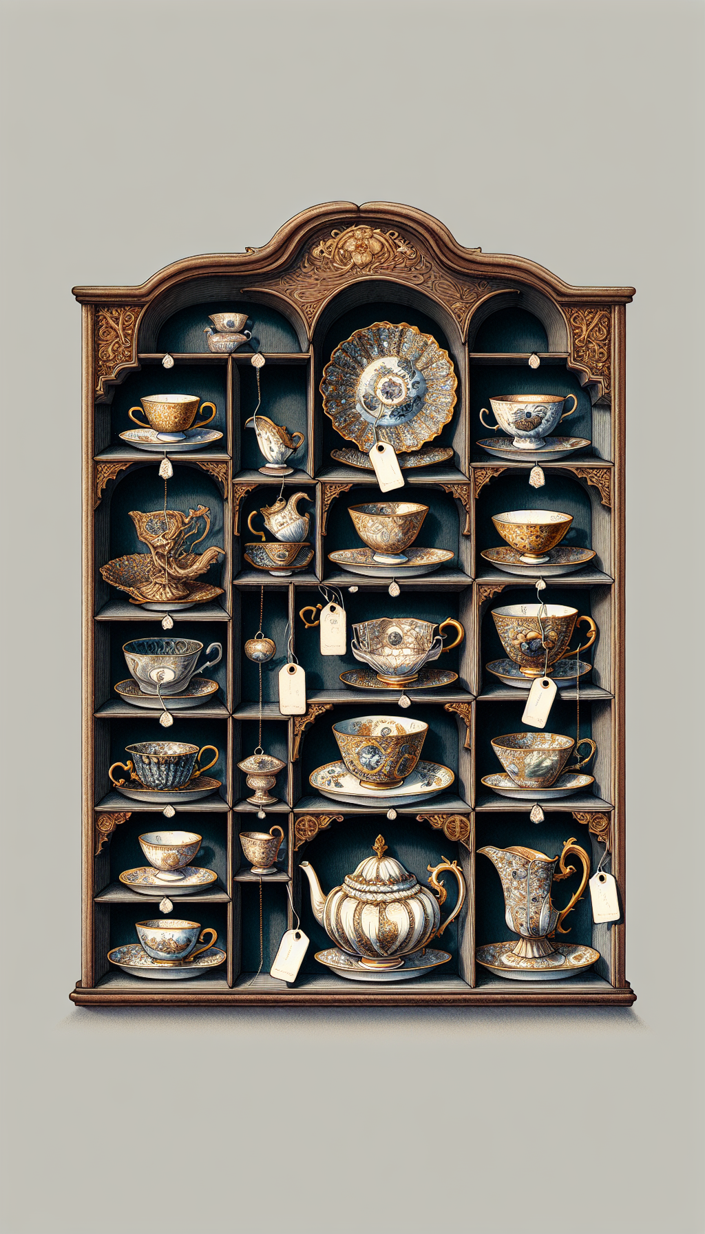 An intricate illustration depicts a whimsical, Victorian-style shadow box, each compartment housing a different antique teacup, exquisitely detailed with rare patterns and maker's marks. Glimmering touches of gold leaf highlight their value, while a delicate price tag dangles from each masterpiece, fusing the allure of rarity with the essence of antiquity's treasure.