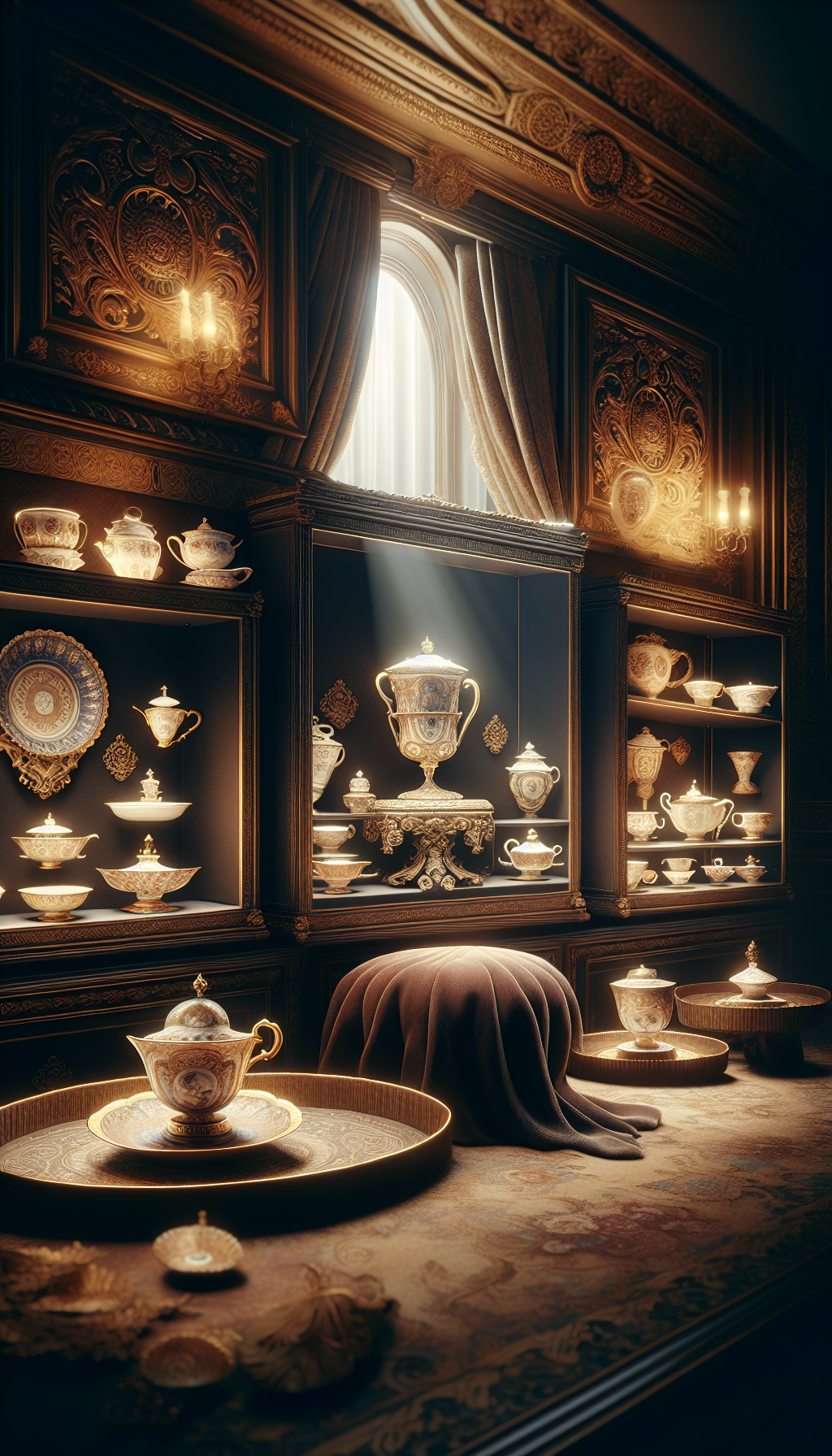 An opulent, softly-lit Victorian-style drawing room vignette illustration, featuring an array of delicate, ornate antique tea cups carefully displayed on shadowboxes, each haloed with light emphasizing their distinct patterns and intricate craftsmanship. A transparent overlay of golden filigree swirls symbolizes the cups' value, leading the eye to a central, regal tea cup on a velvet cushion, spotlighting its significance.