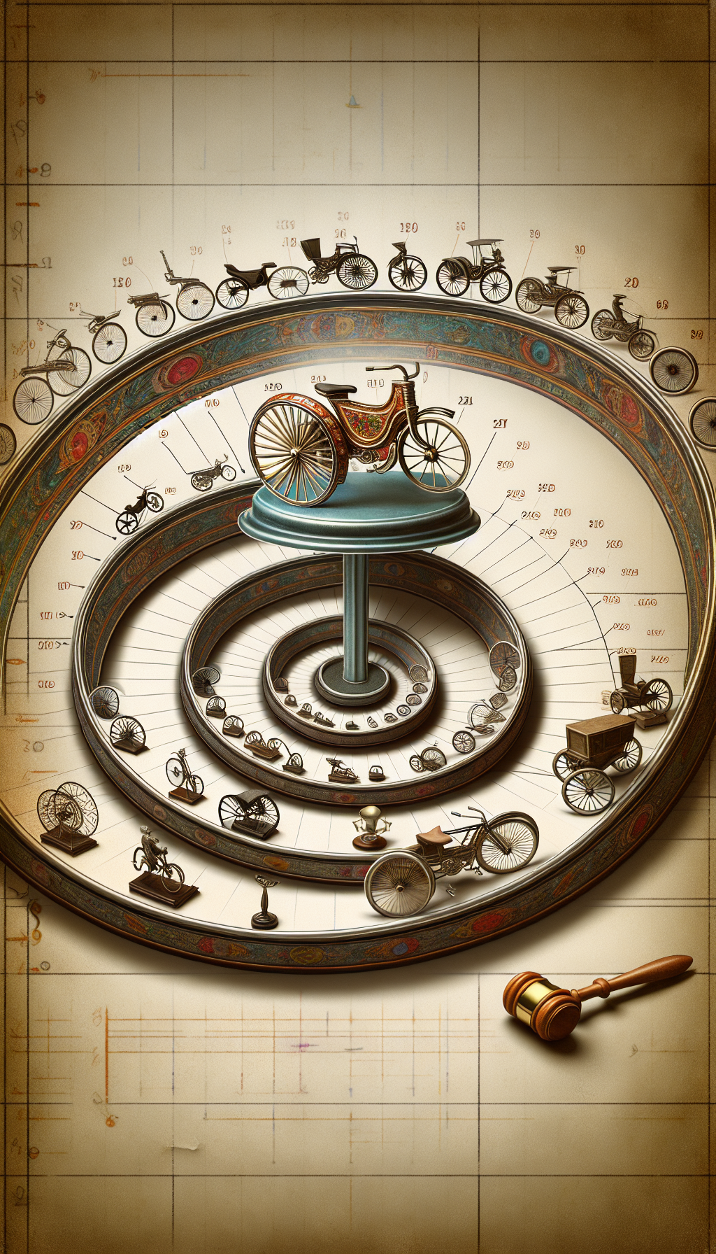 An illustration depicts a whimsical spiral timeline, with each loop cradling a different-era antique tricycle that progressively increases in detail and value, culminating with a gleaming, ornate tricycle atop a pedestal at the center, encircled by appraisal tools like a magnifying glass and auction hammer, signifying its esteemed status and worth in the journey of tricycle history.